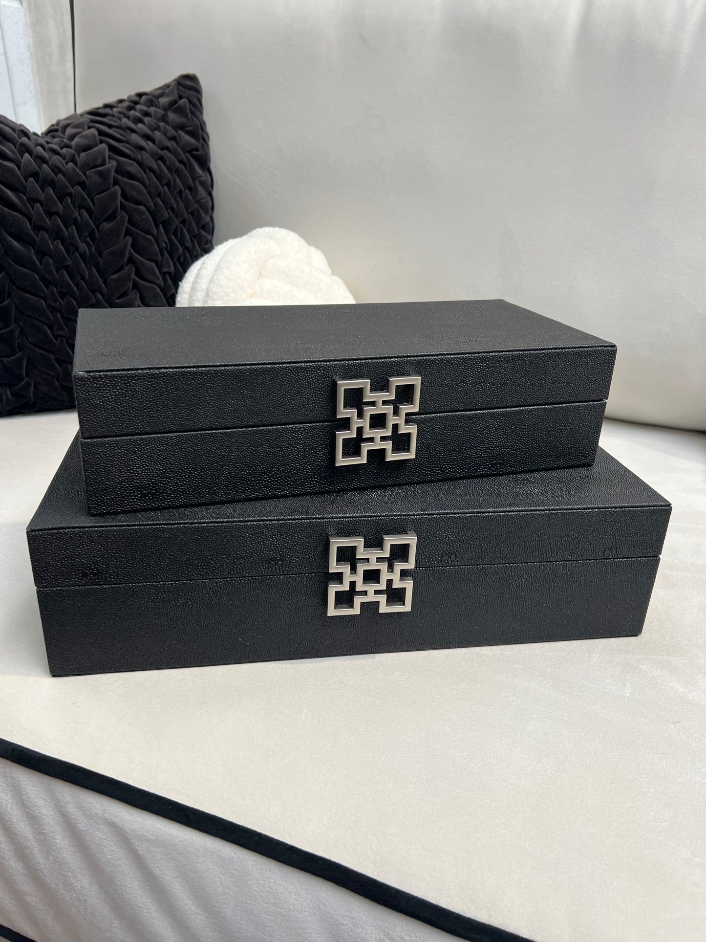 Set of 2 Black Faux Litchi Jewellery Boxes