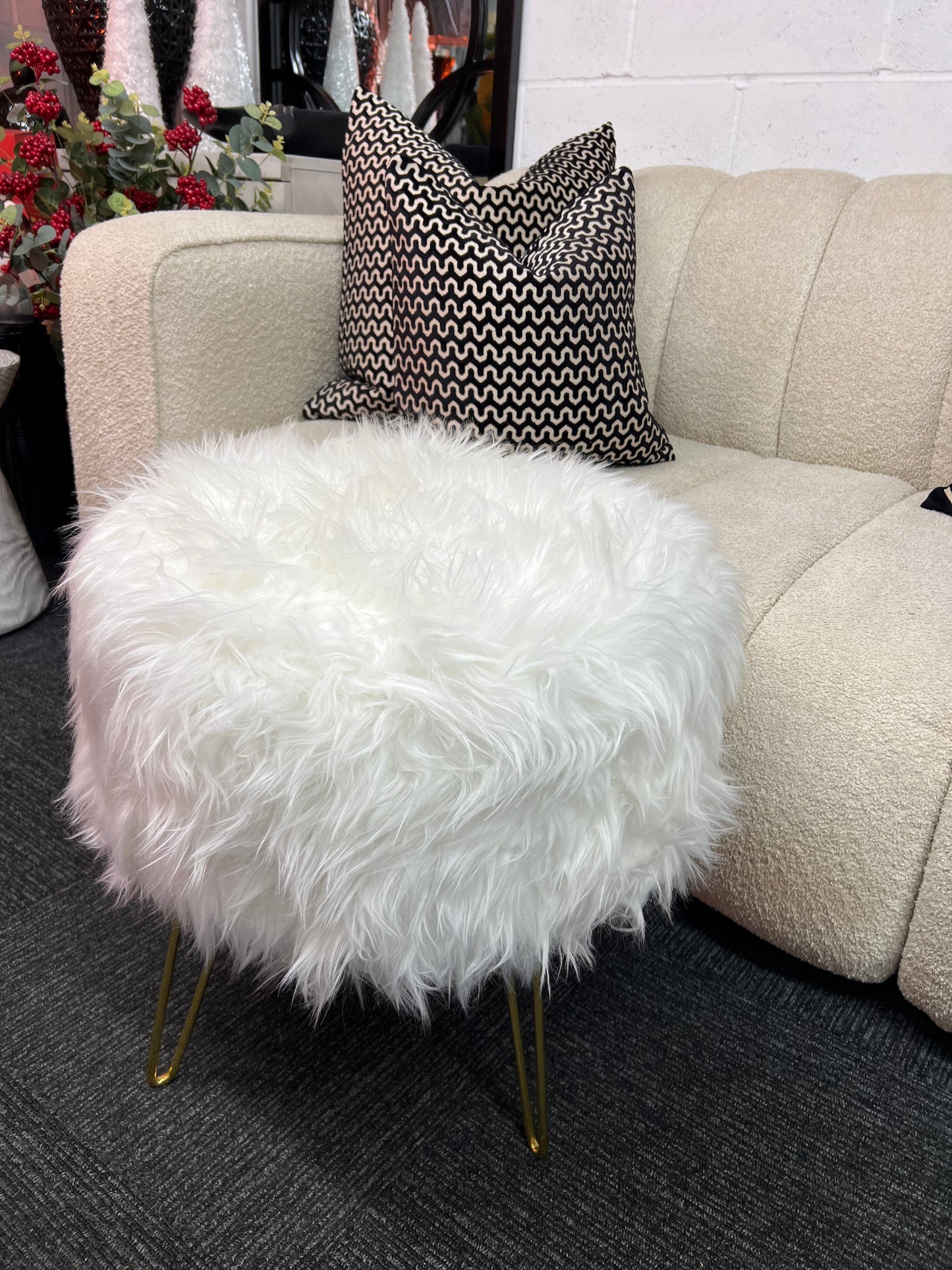 White Faux Fur Stool Ottoman with Gold Legs