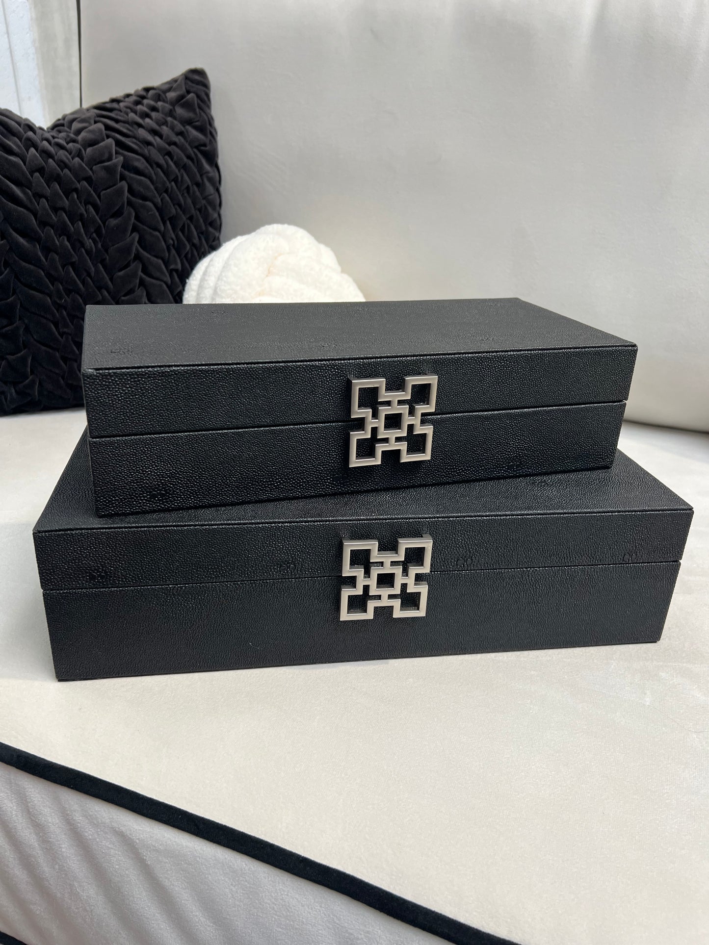 Set of 2 Black Faux Litchi Jewellery Boxes