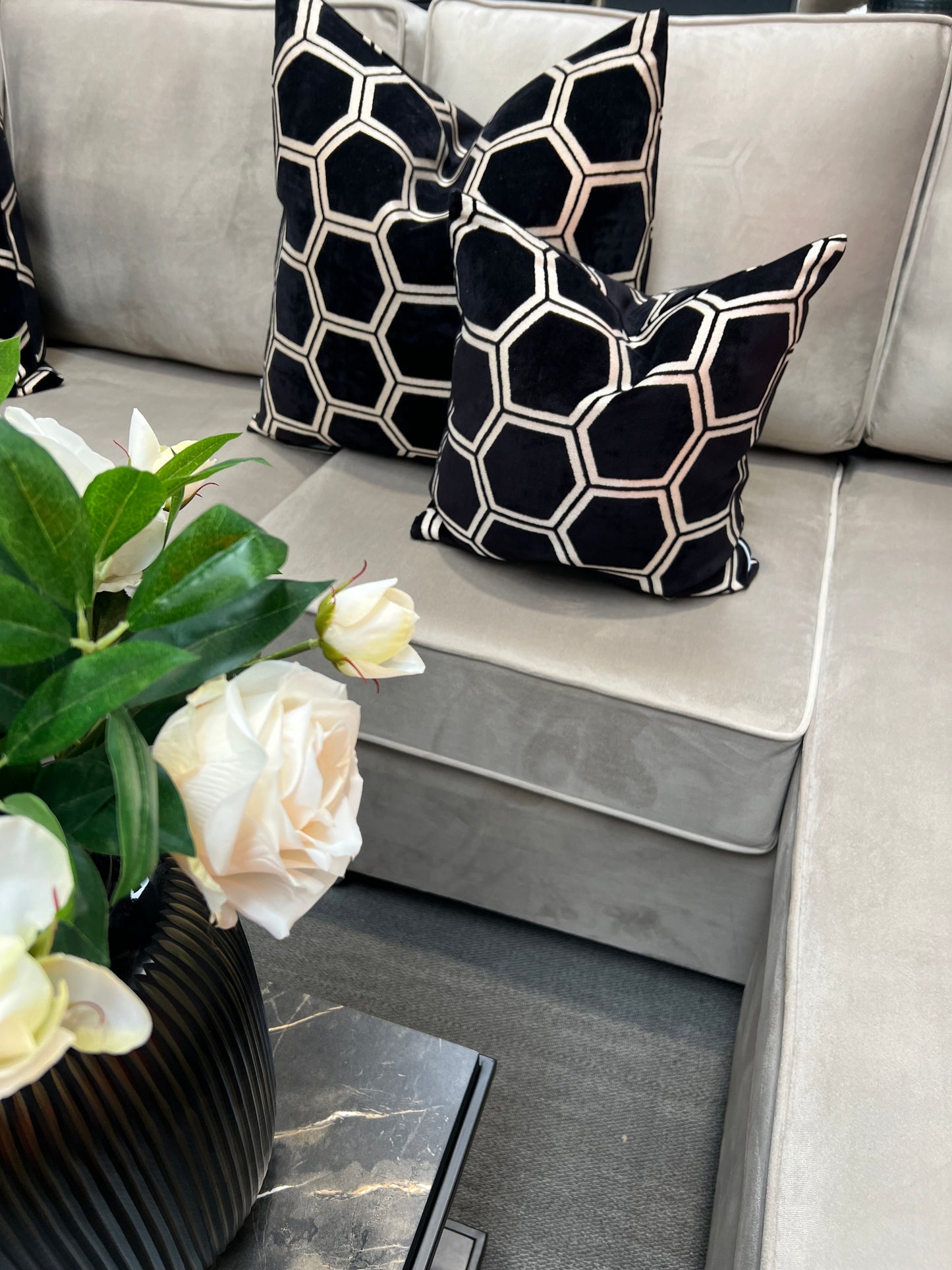 Black Hex Velvet Cushion 16"
