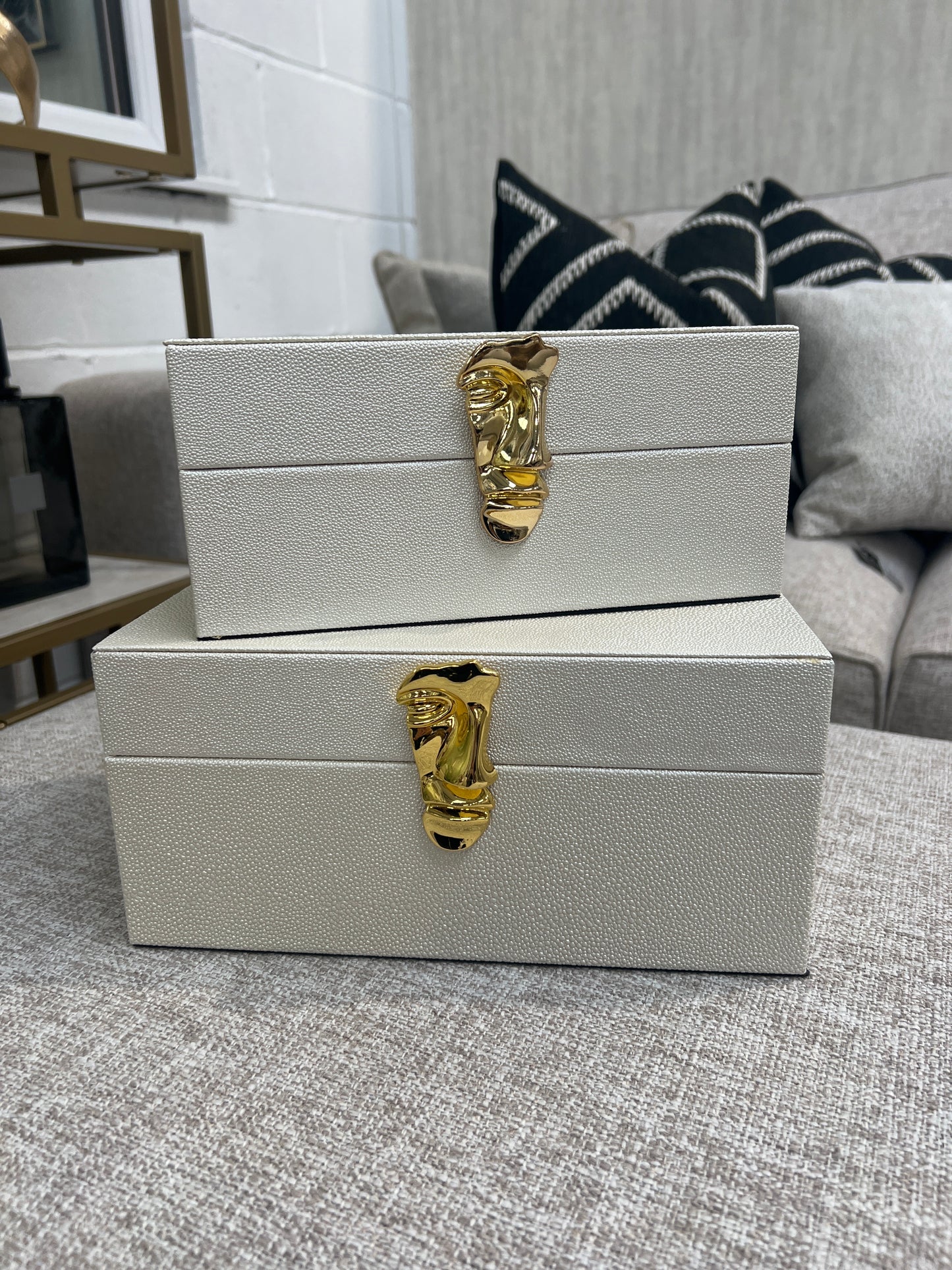 White Litchi Faux Jewellery Boxes, Set of 2