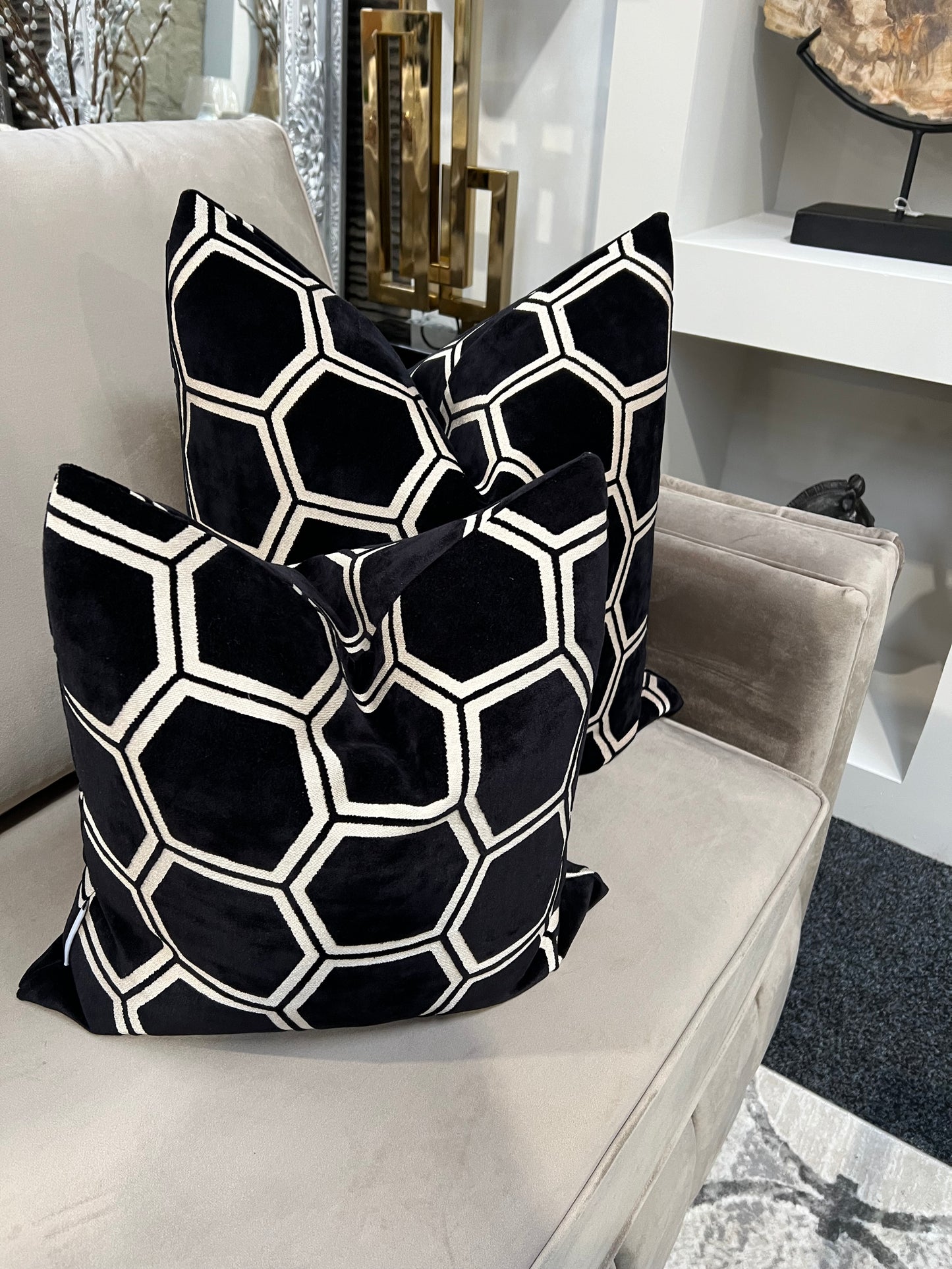 Black Hex Velvet Cushion 16"