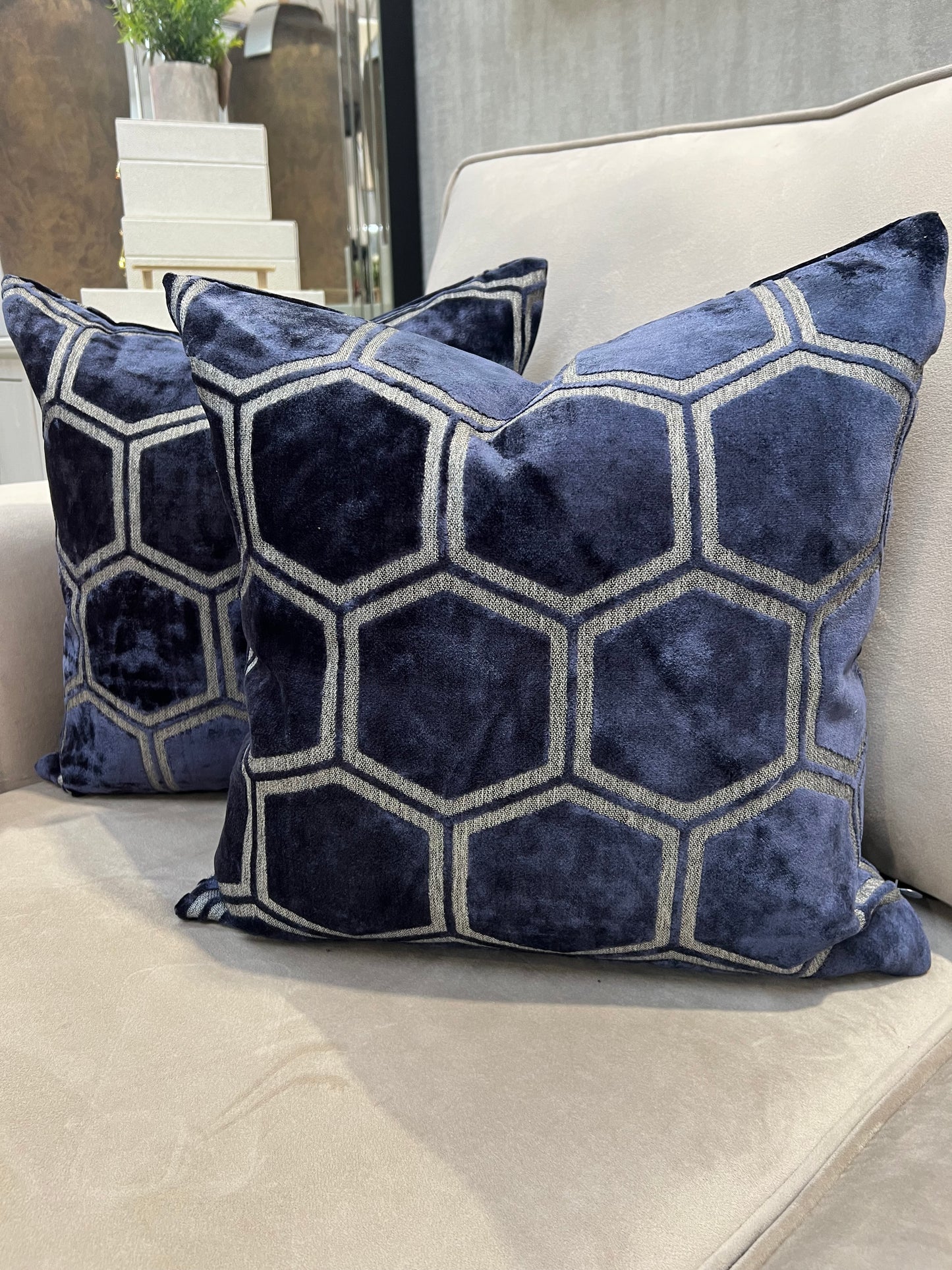 Navy Hex Velvet Cushion 16"