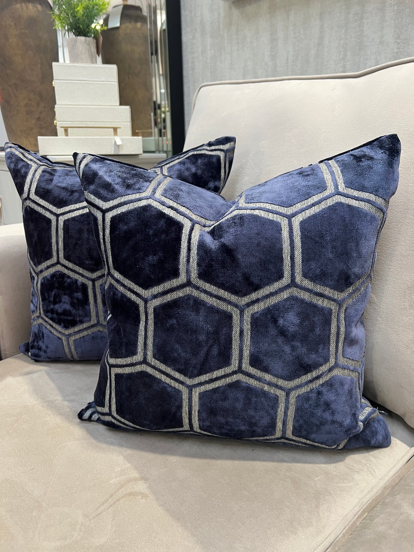 Navy Hex Velvet Cushion 16"