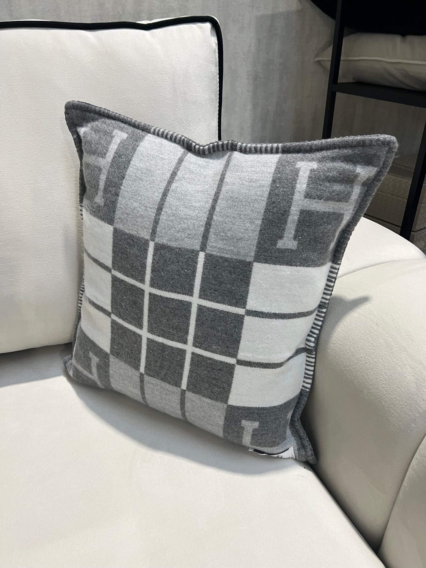 Luxury H Pillow - White & Grey Plaid