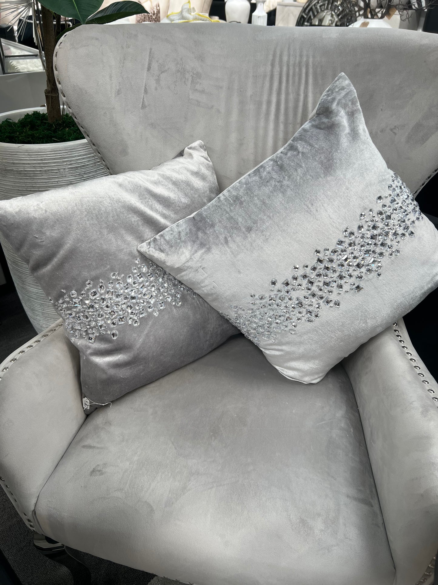 Silver Velvet Diamante Cushion