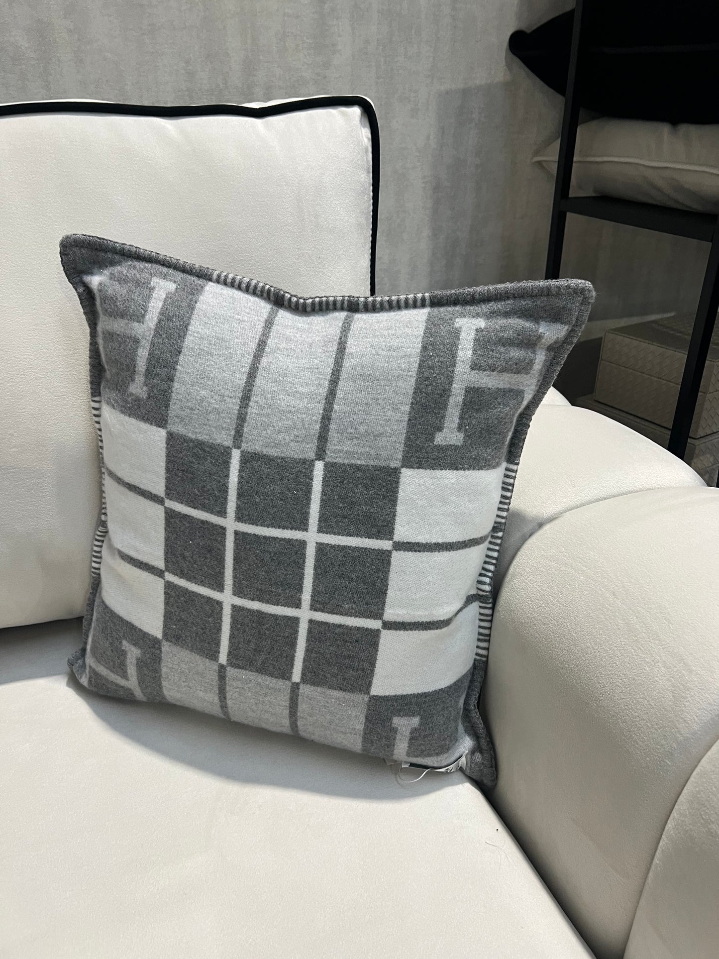 Luxury H Pillow - White & Grey Plaid