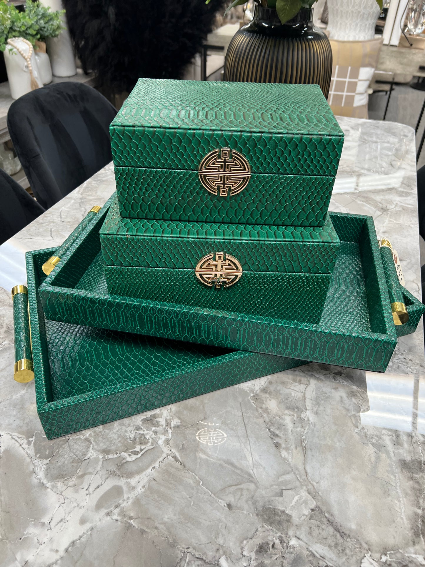 Set of 2 Green Faux Trays