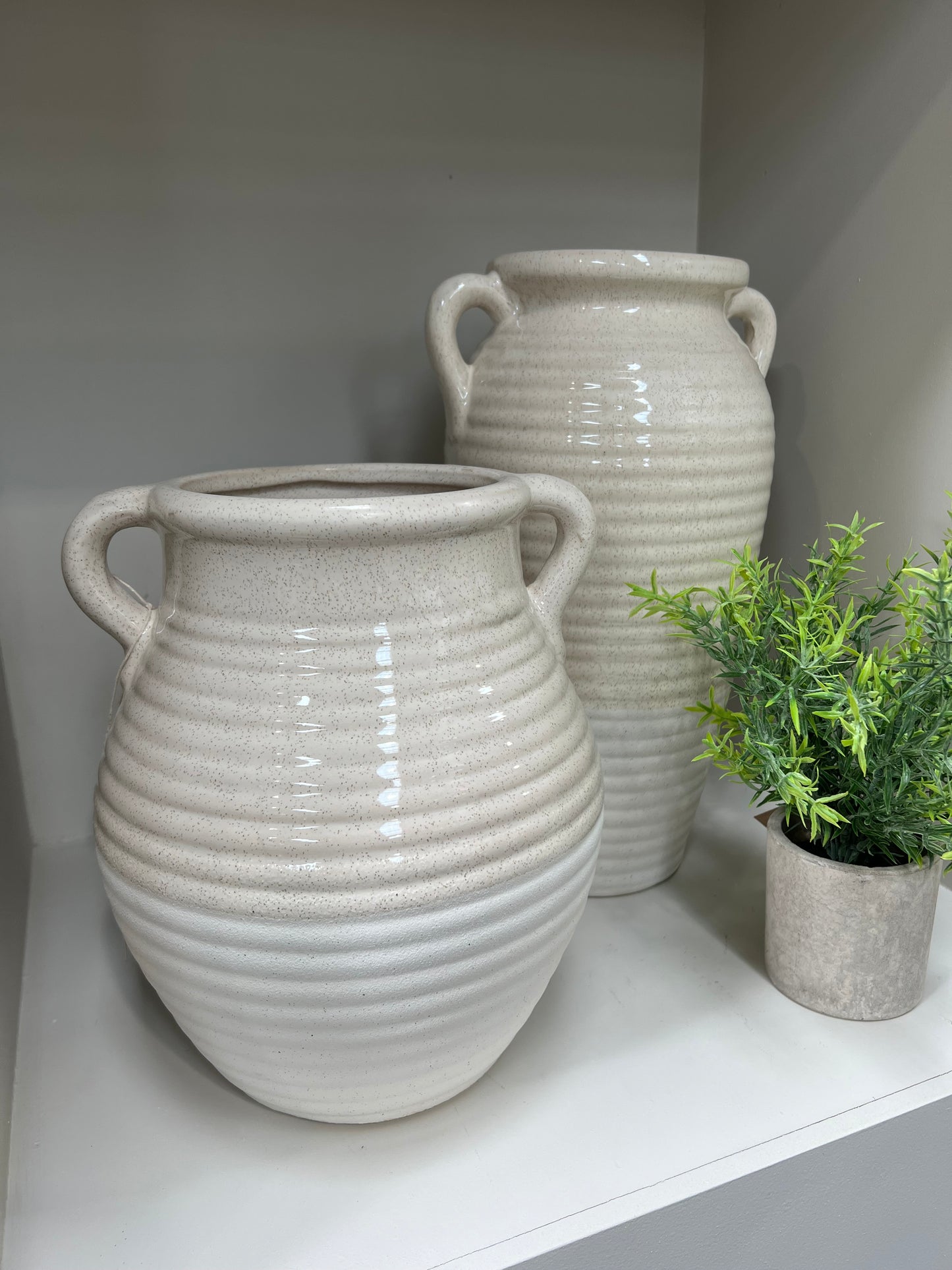 Orla Handmade Beige and White Ribbed Ceramic Vase