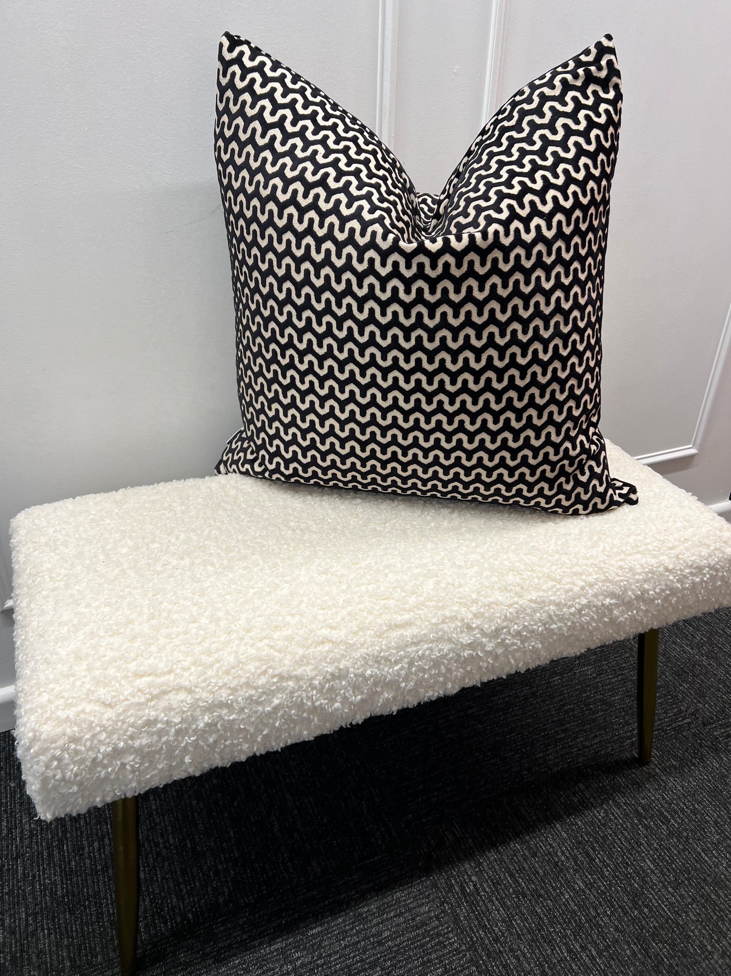 White Boucle Bench With Gold Legs
