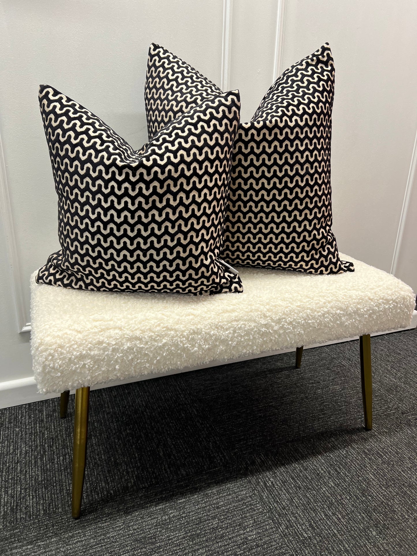 White Boucle Bench With Gold Legs