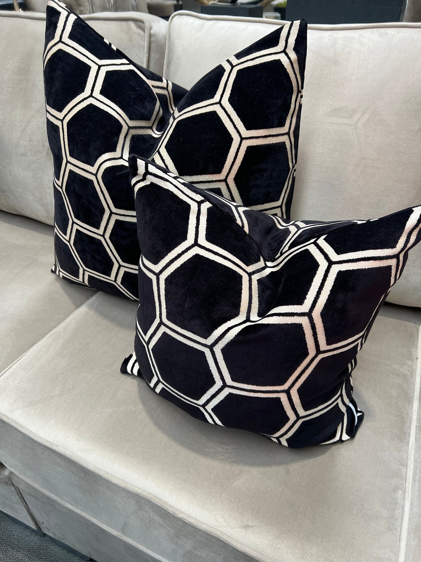 Black Large Hex Velvet Cushion 22"
