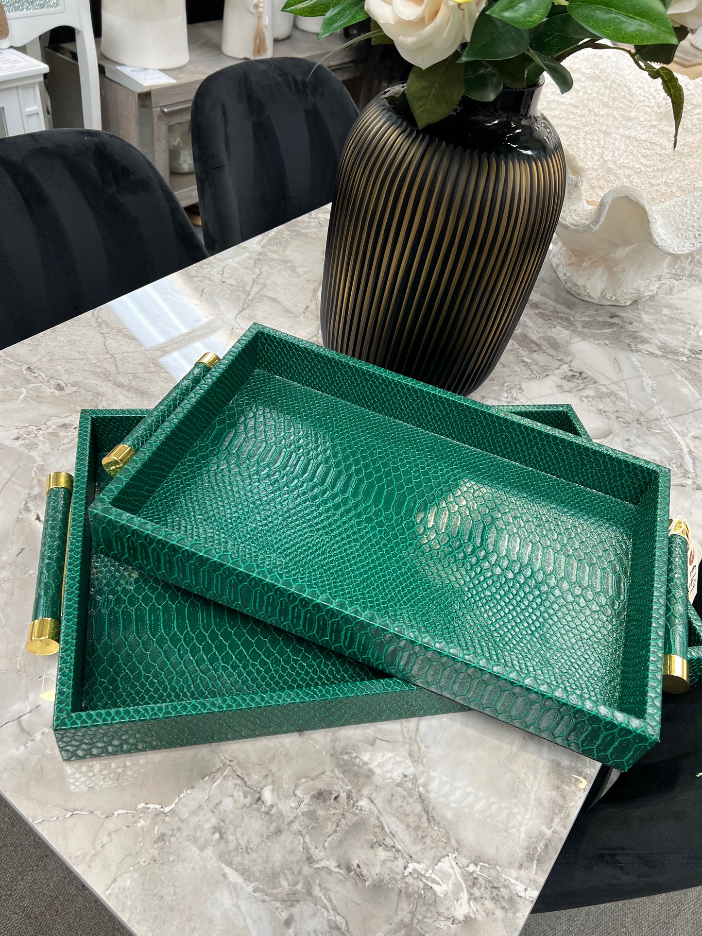 Set of 2 Green Faux Trays