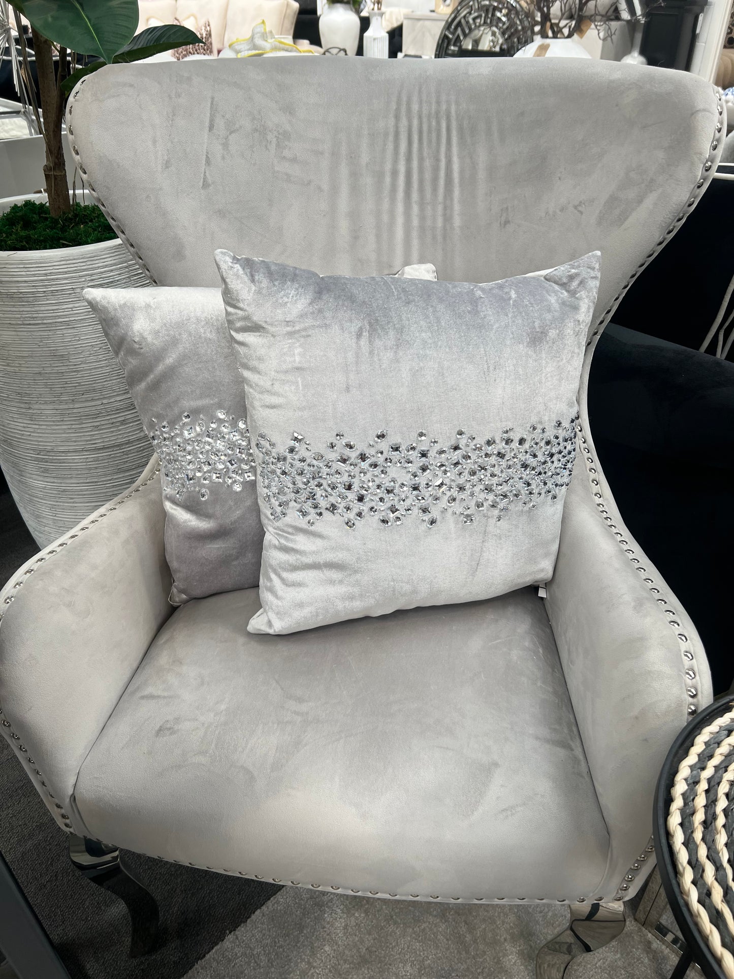 Silver Velvet Diamante Cushion