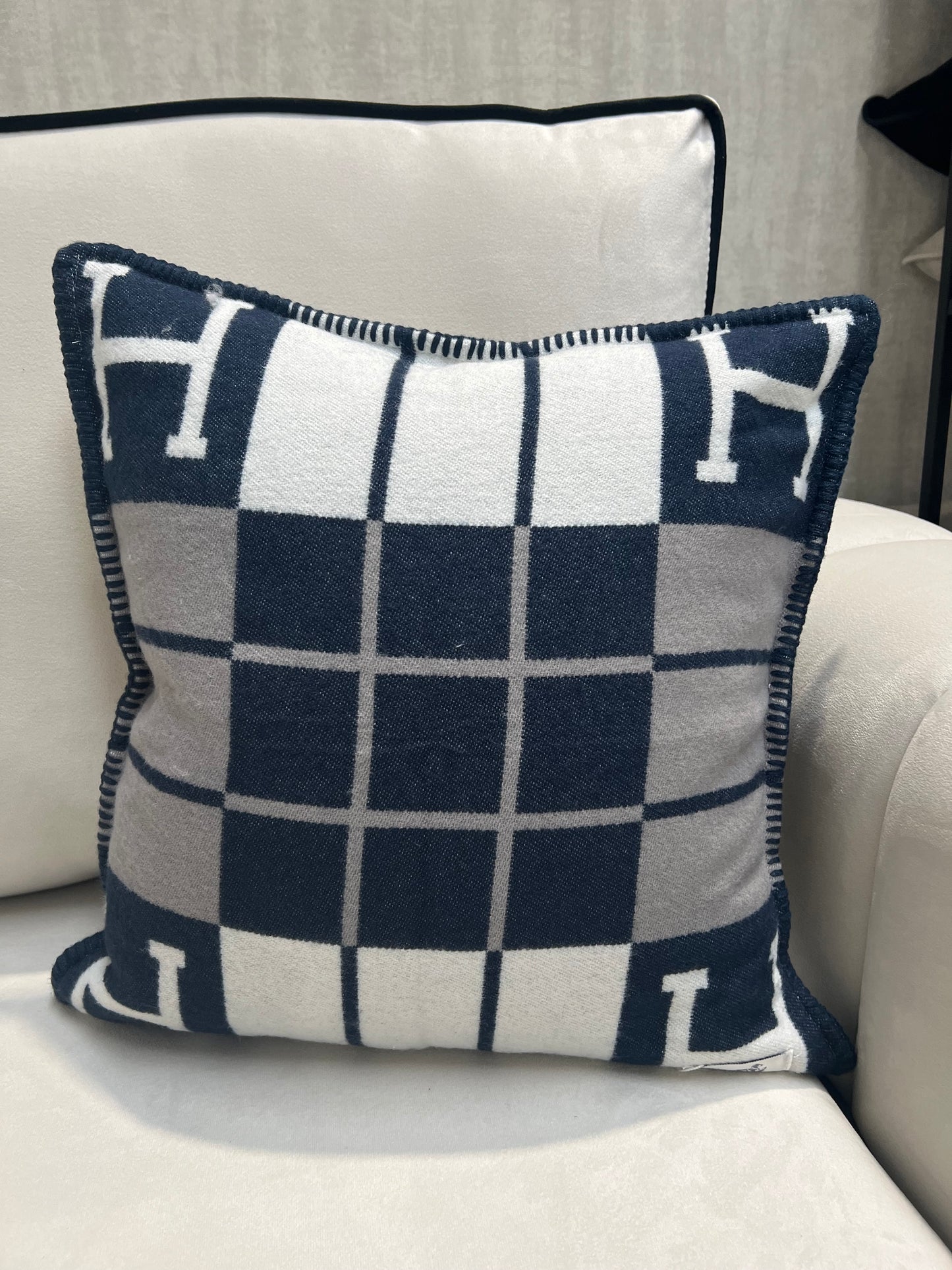 Luxury H Pillow - Navy White & Grey Plaid