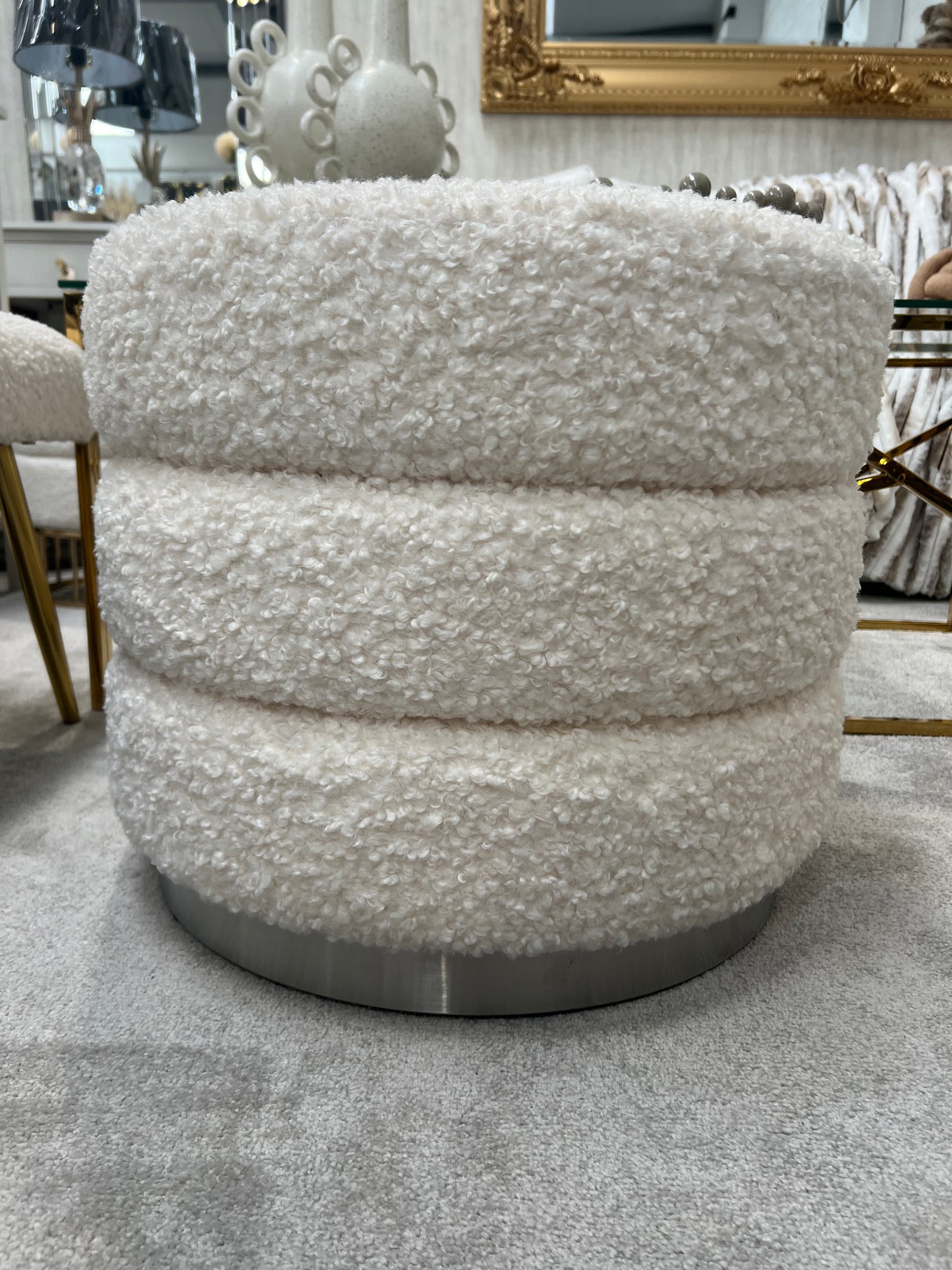 White Boucle Round Ottoman with Silver Base