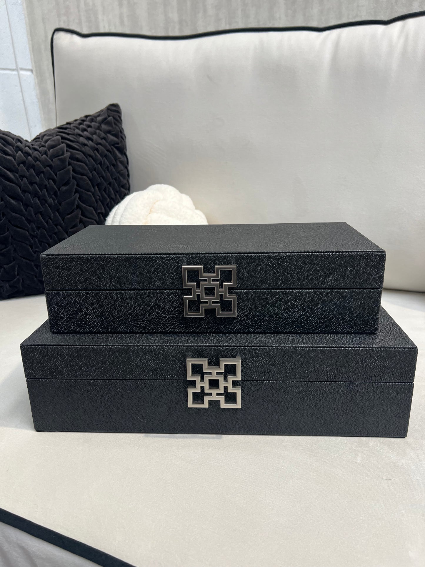 Set of 2 Black Faux Litchi Jewellery Boxes