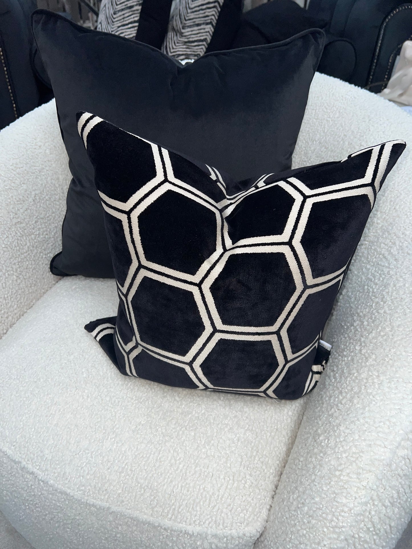 Black Large Hex Velvet Cushion 22"