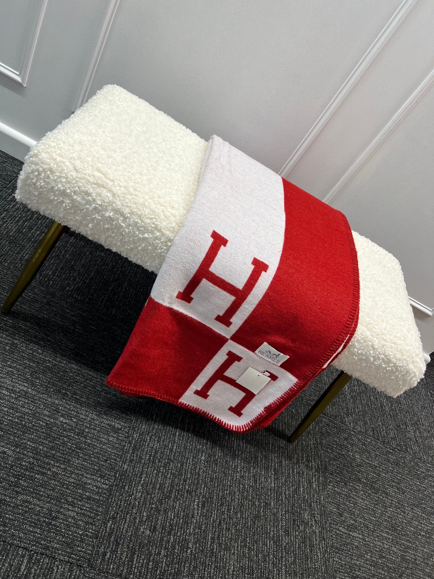 White Boucle Bench With Gold Legs