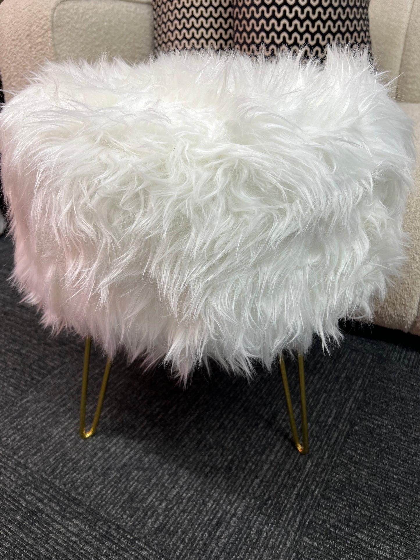 White Faux Fur Stool Ottoman with Gold Legs