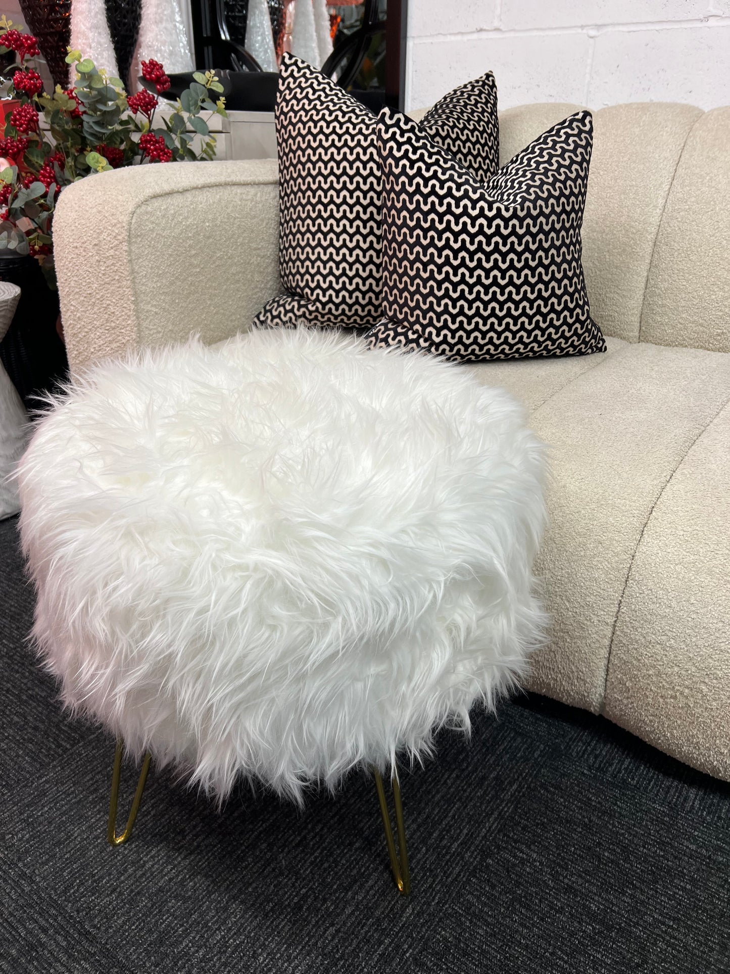 White Faux Fur Stool Ottoman with Gold Legs
