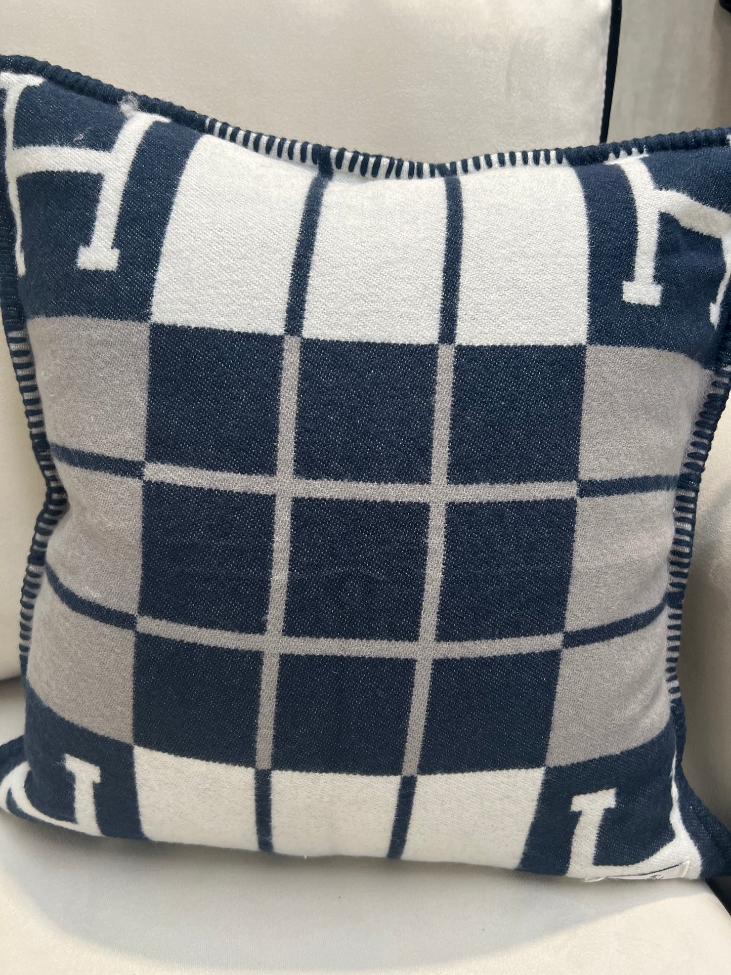 Luxury H Pillow - Navy White & Grey Plaid