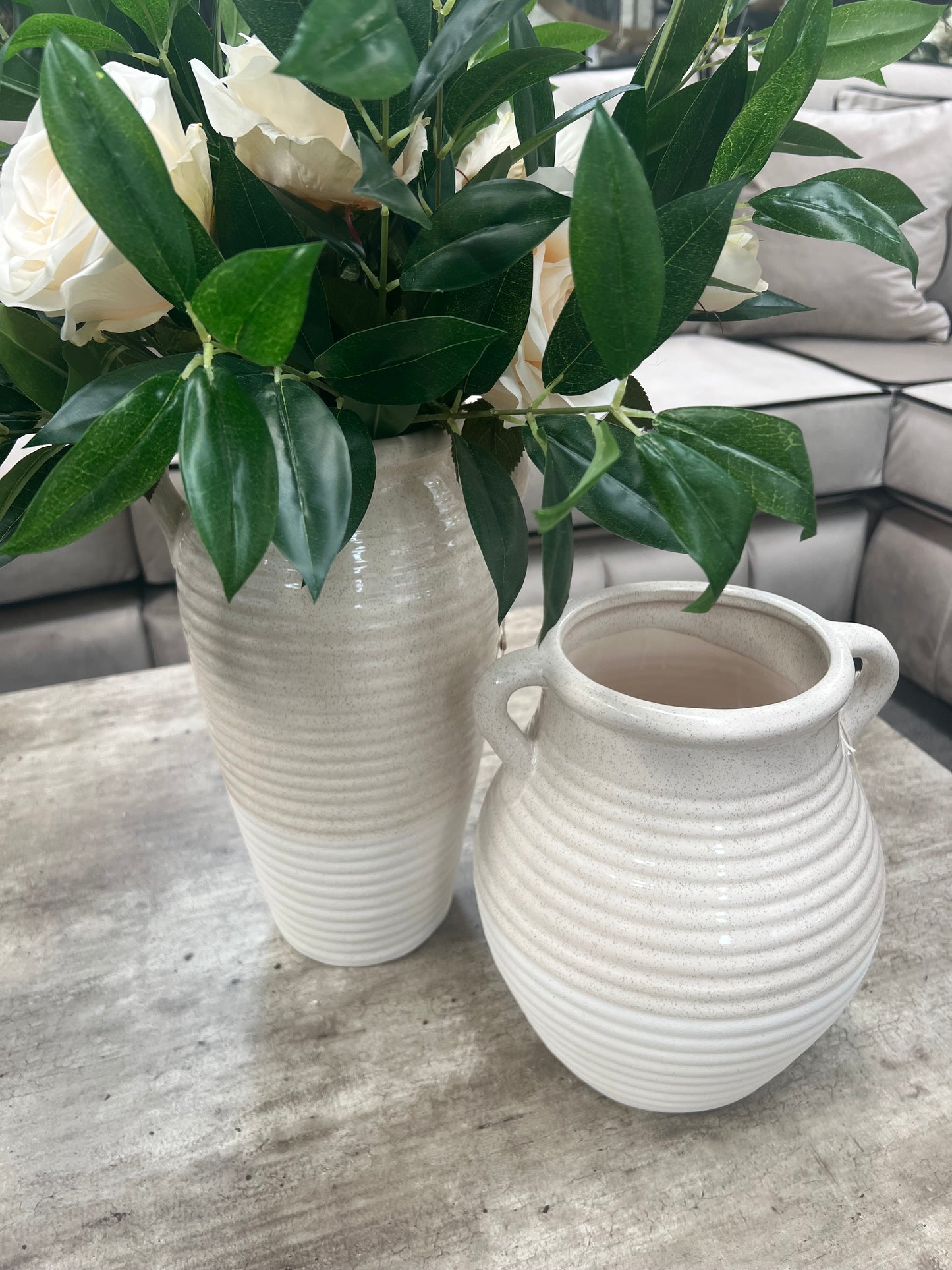 Orla Handmade Beige and White Ribbed Ceramic Vase
