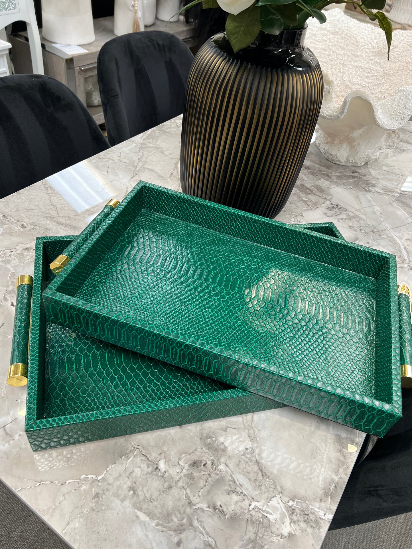 Set of 2 Green Faux Trays