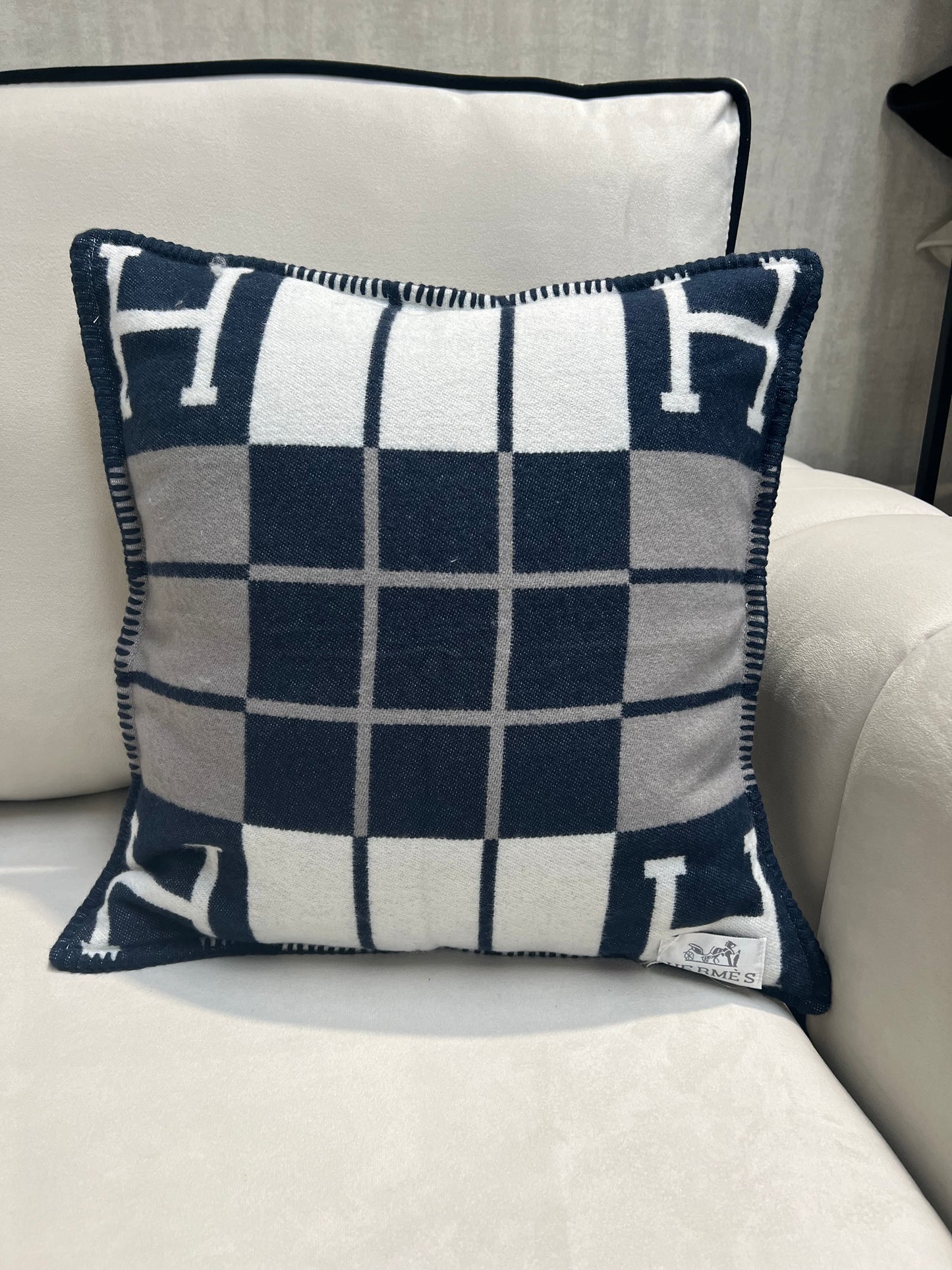 Luxury H Pillow - Navy White & Grey Plaid