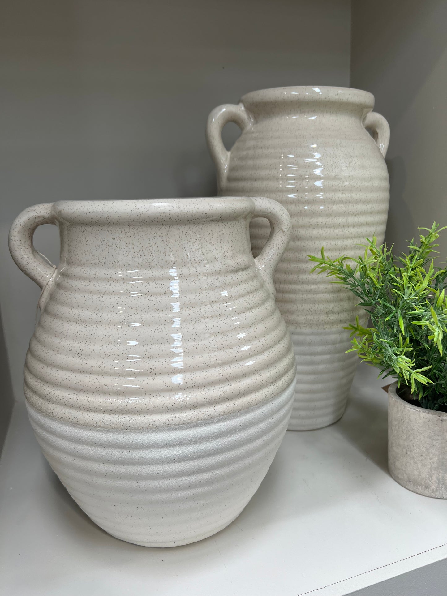 Orla Handmade Beige and White Ribbed Ceramic Vase