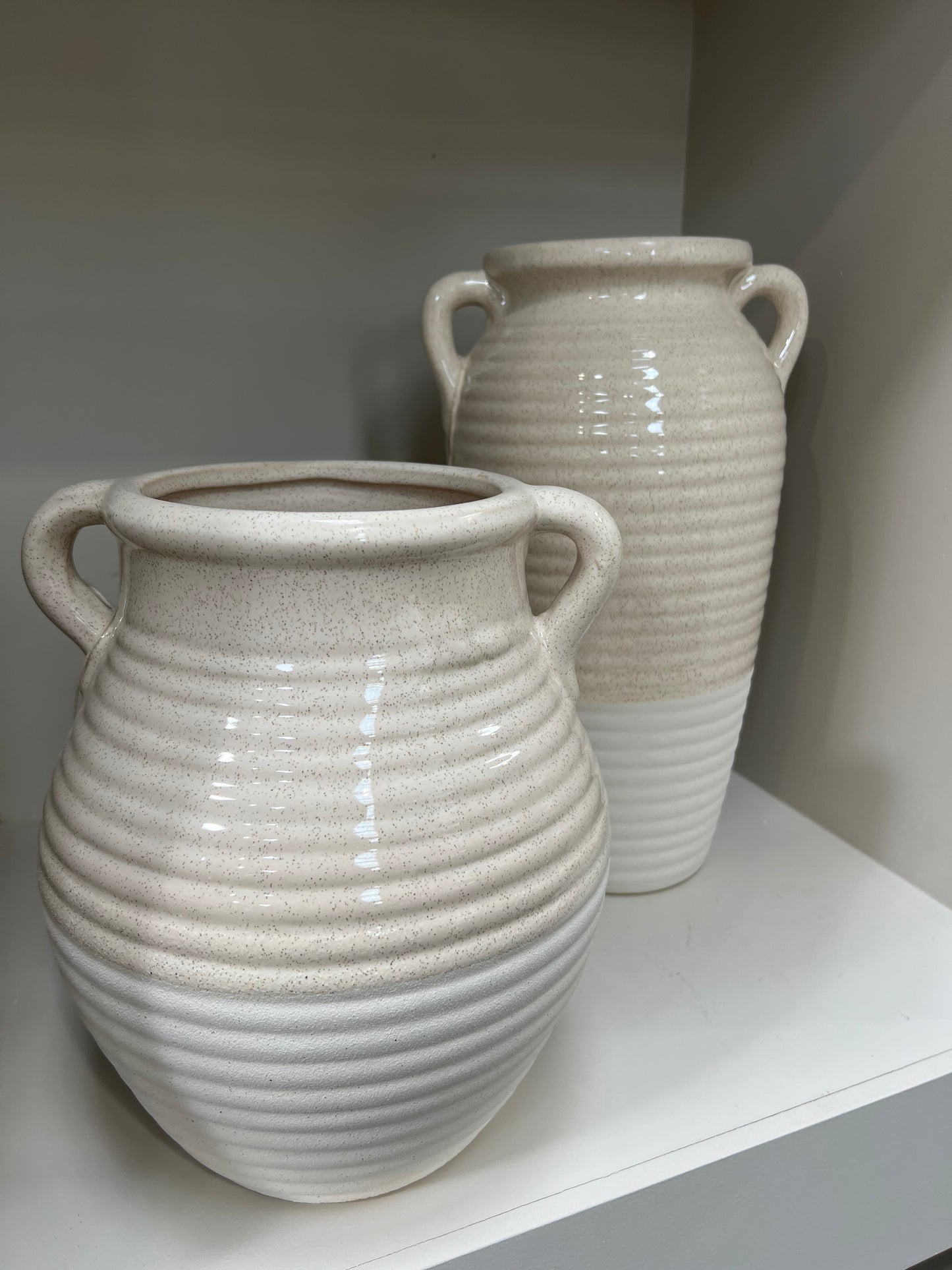 Orla Handmade Beige and White Ribbed Ceramic Vase