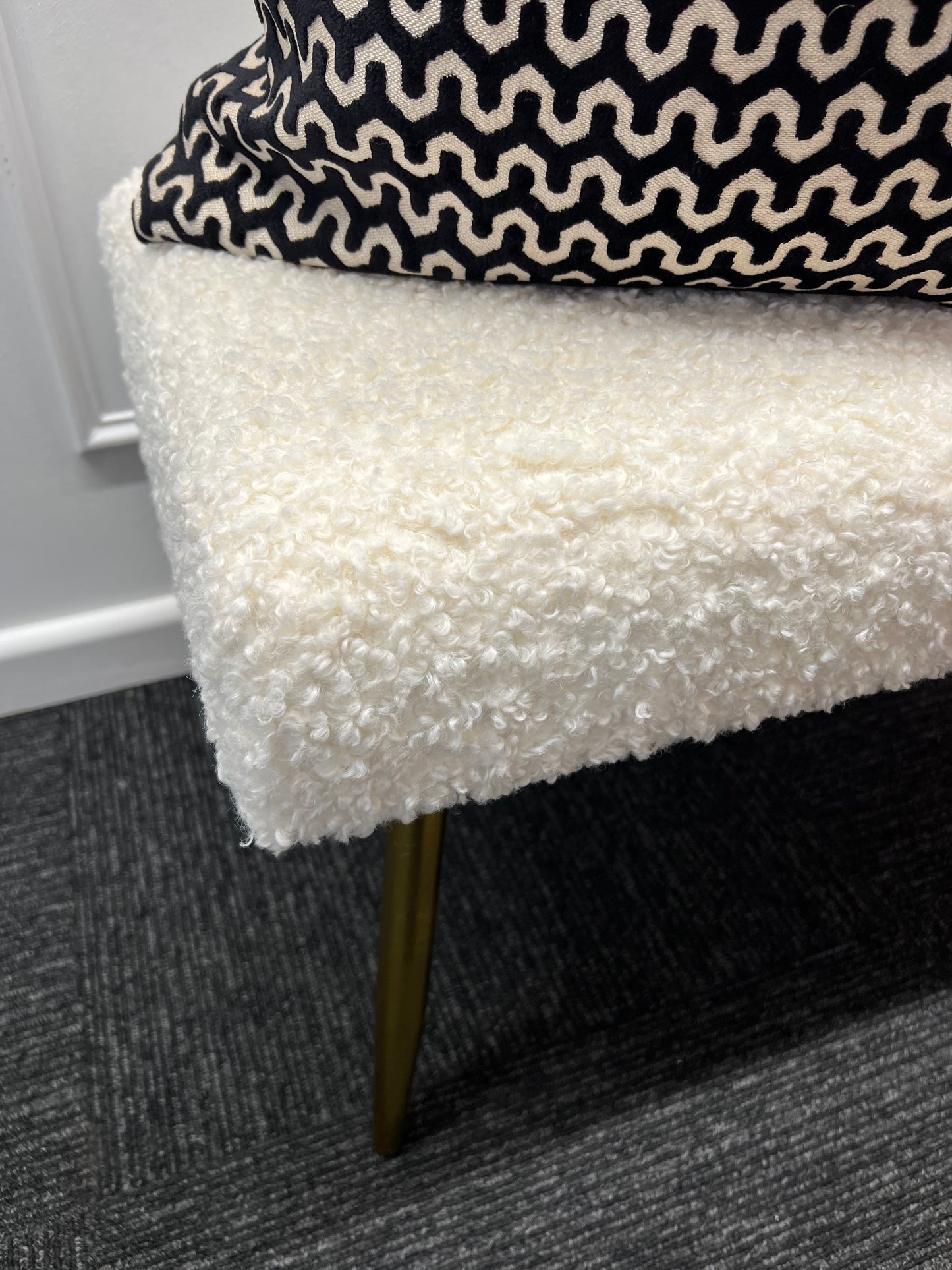 White Boucle Bench With Gold Legs
