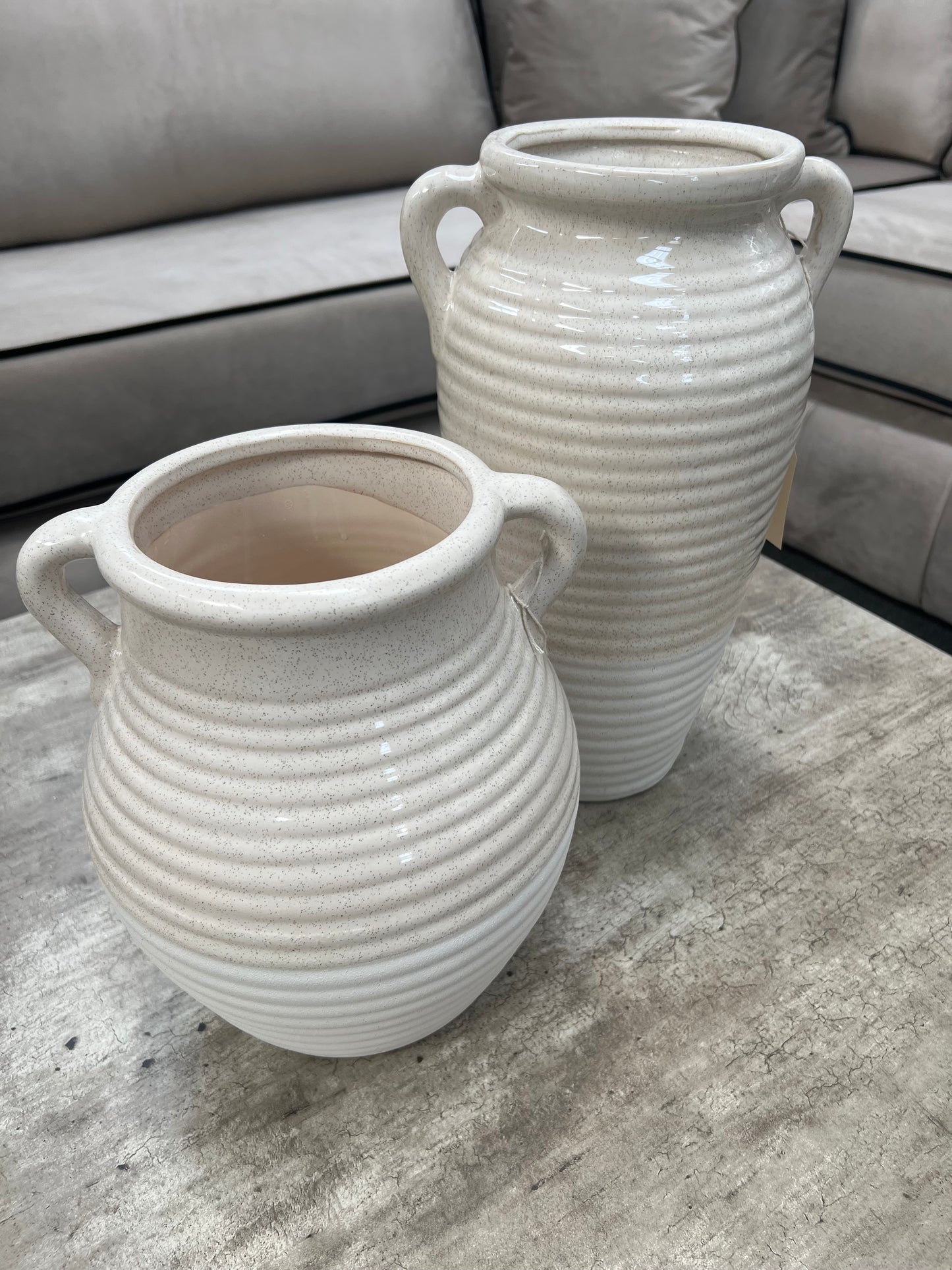 Orla Handmade Beige and White Ribbed Ceramic Vase
