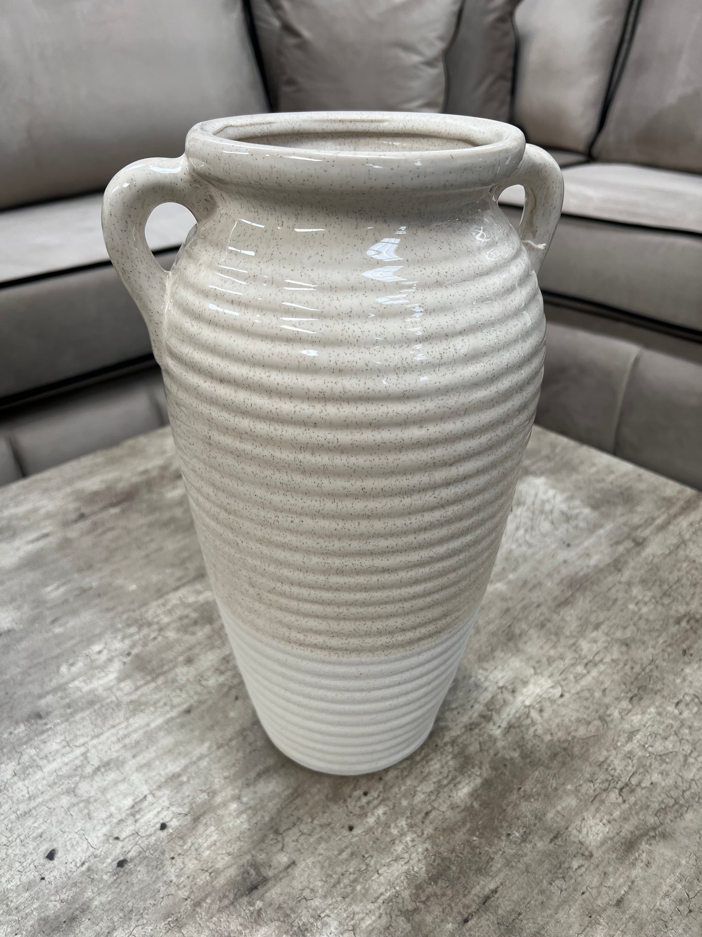Orla Handmade Beige and White Ribbed Ceramic Vase