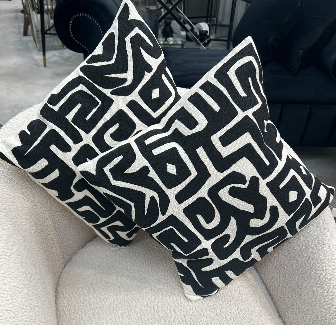 Black Cream Linen Aztec Cushion