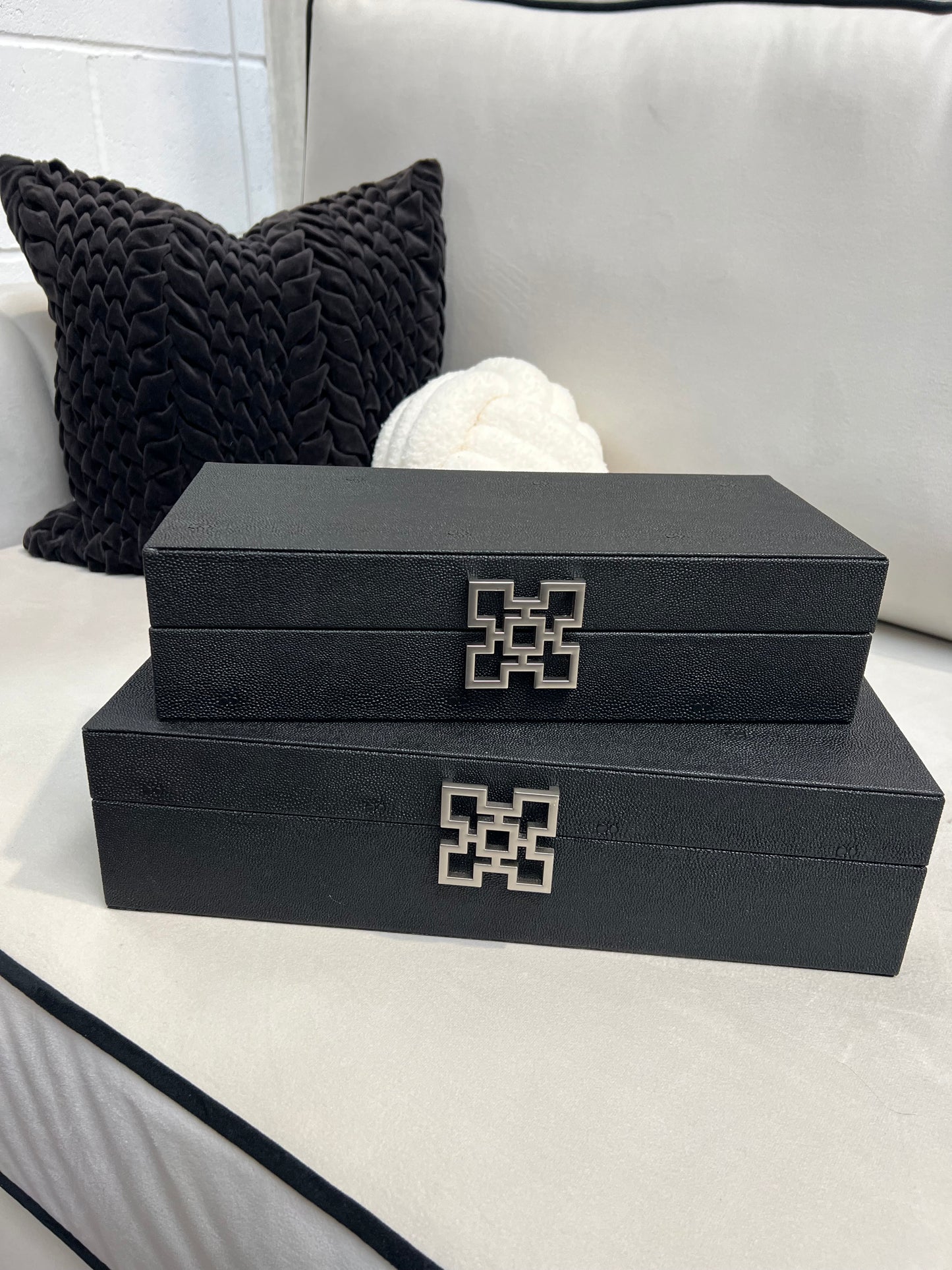 Set of 2 Black Faux Litchi Jewellery Boxes