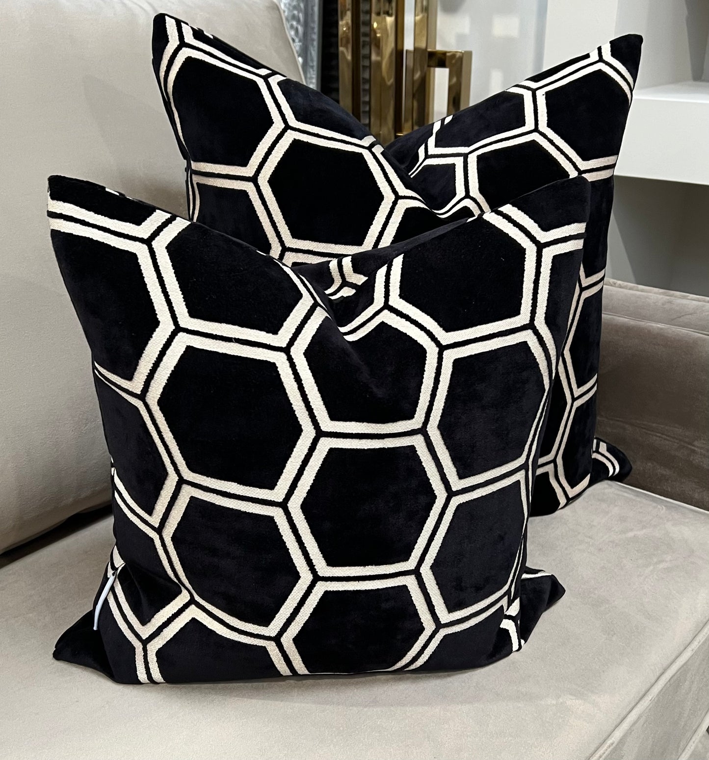 Black Hex Velvet Cushion 16"