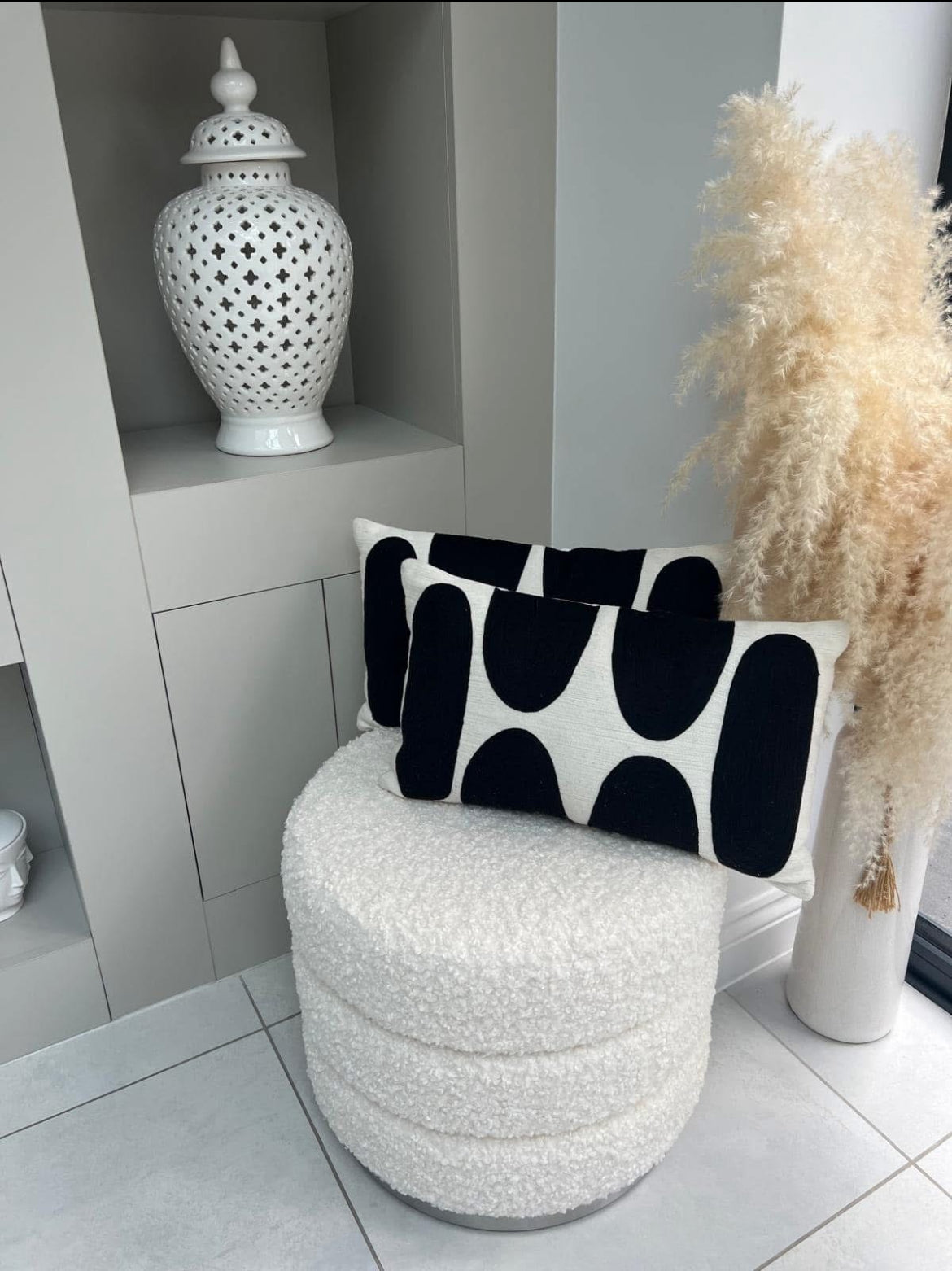 White Boucle Round Ottoman with Silver Base