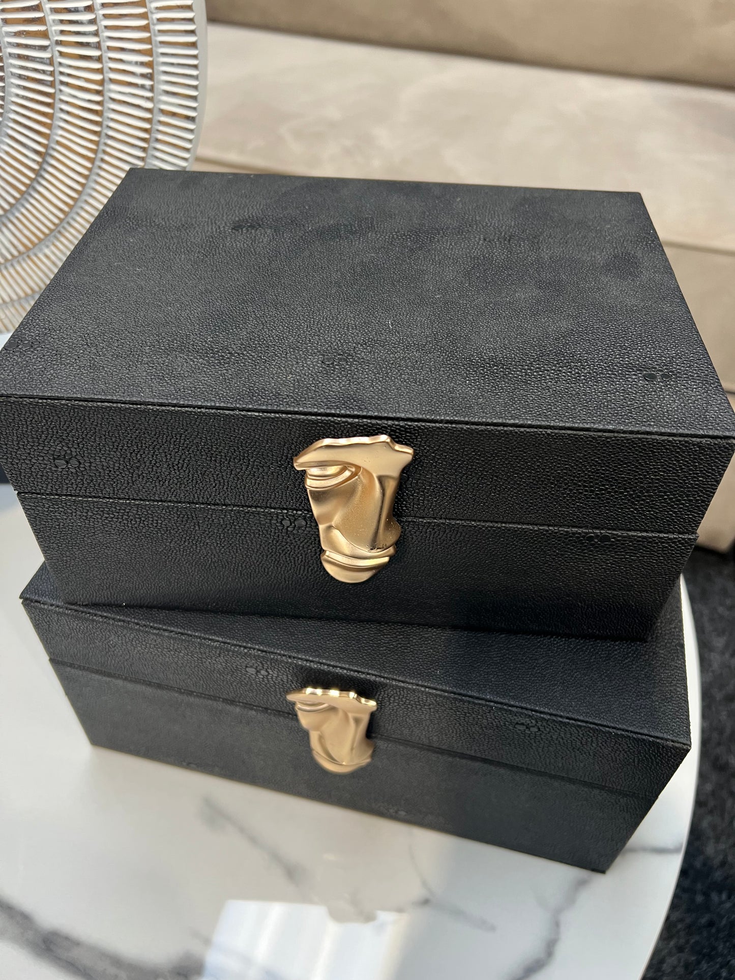 Black Faux Litchi Leather Face Jewellery Boxes, Set of 2