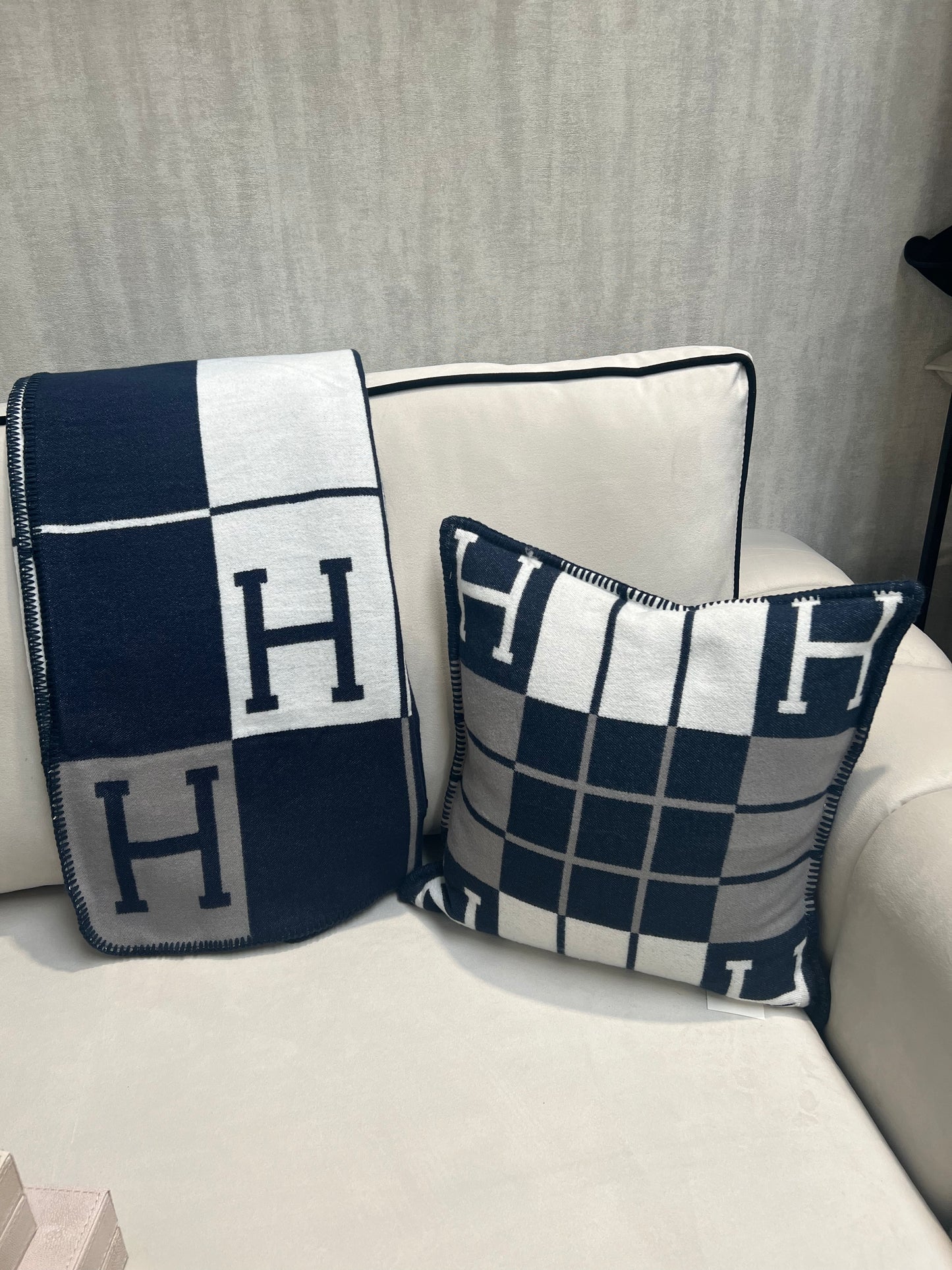 Luxury H Pillow - Navy White & Grey Plaid