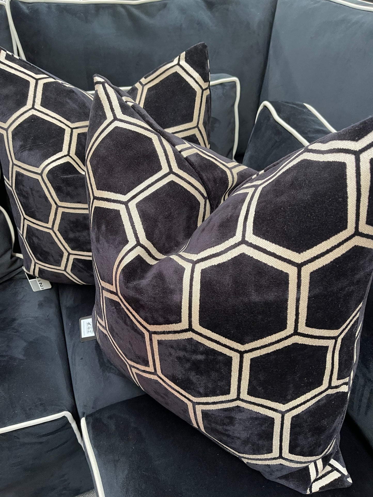 Black Large Hex Velvet Cushion 22"