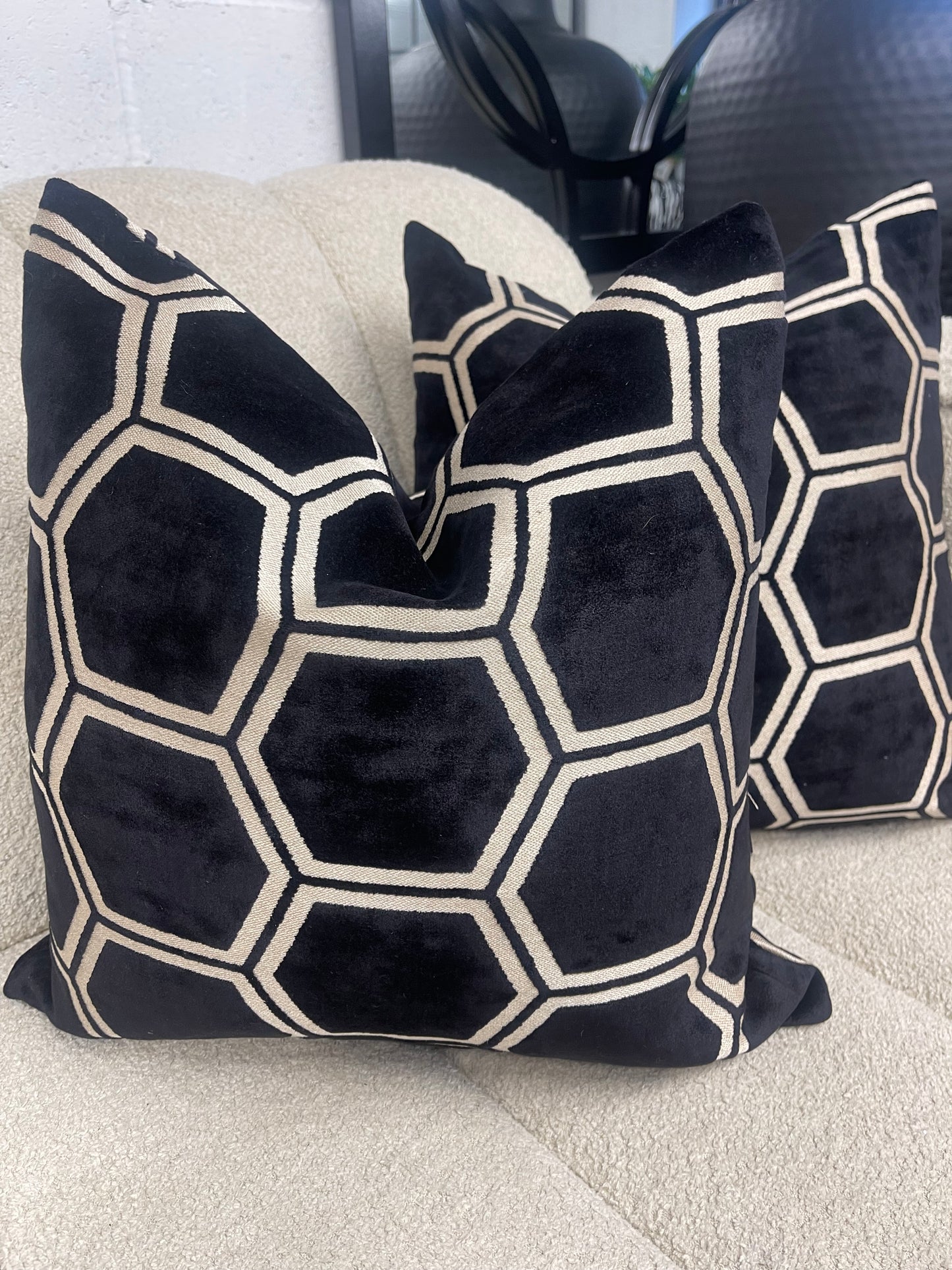 Black Hex Velvet Cushion 16"