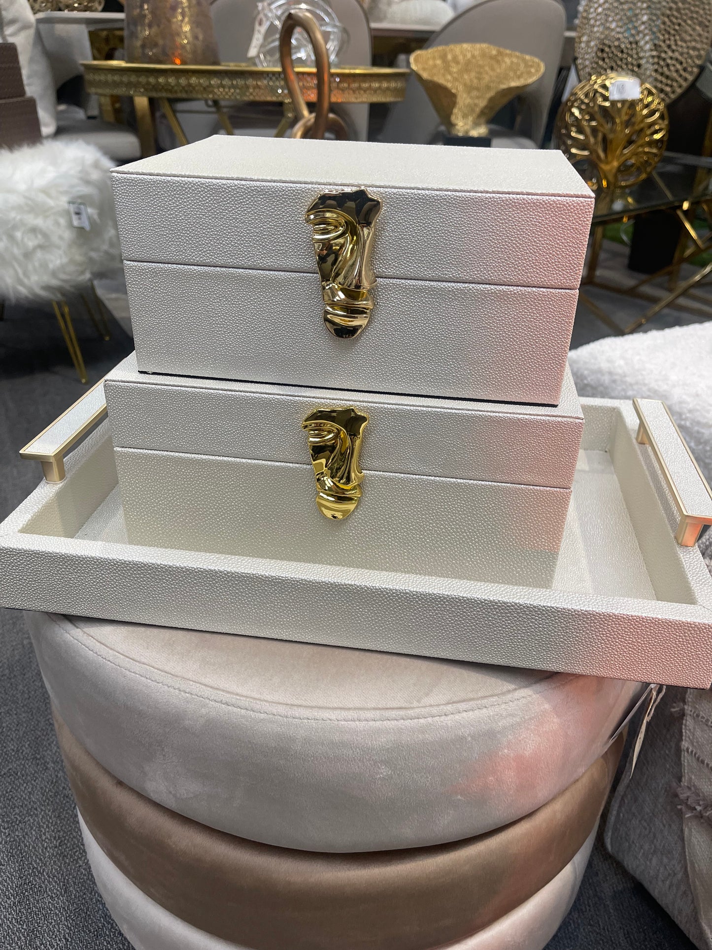 White Litchi Faux Jewellery Boxes, Set of 2