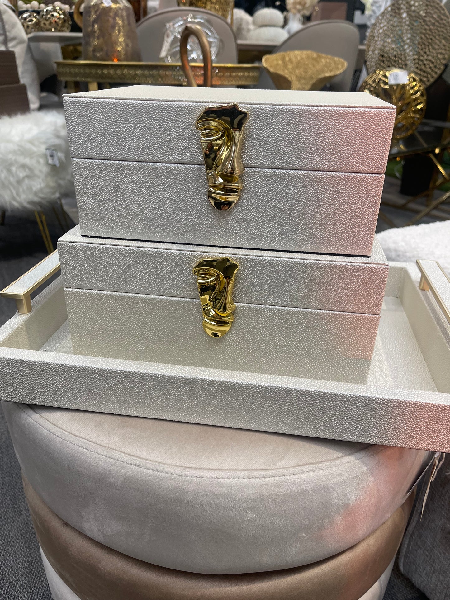 White Litchi Faux Jewellery Boxes, Set of 2