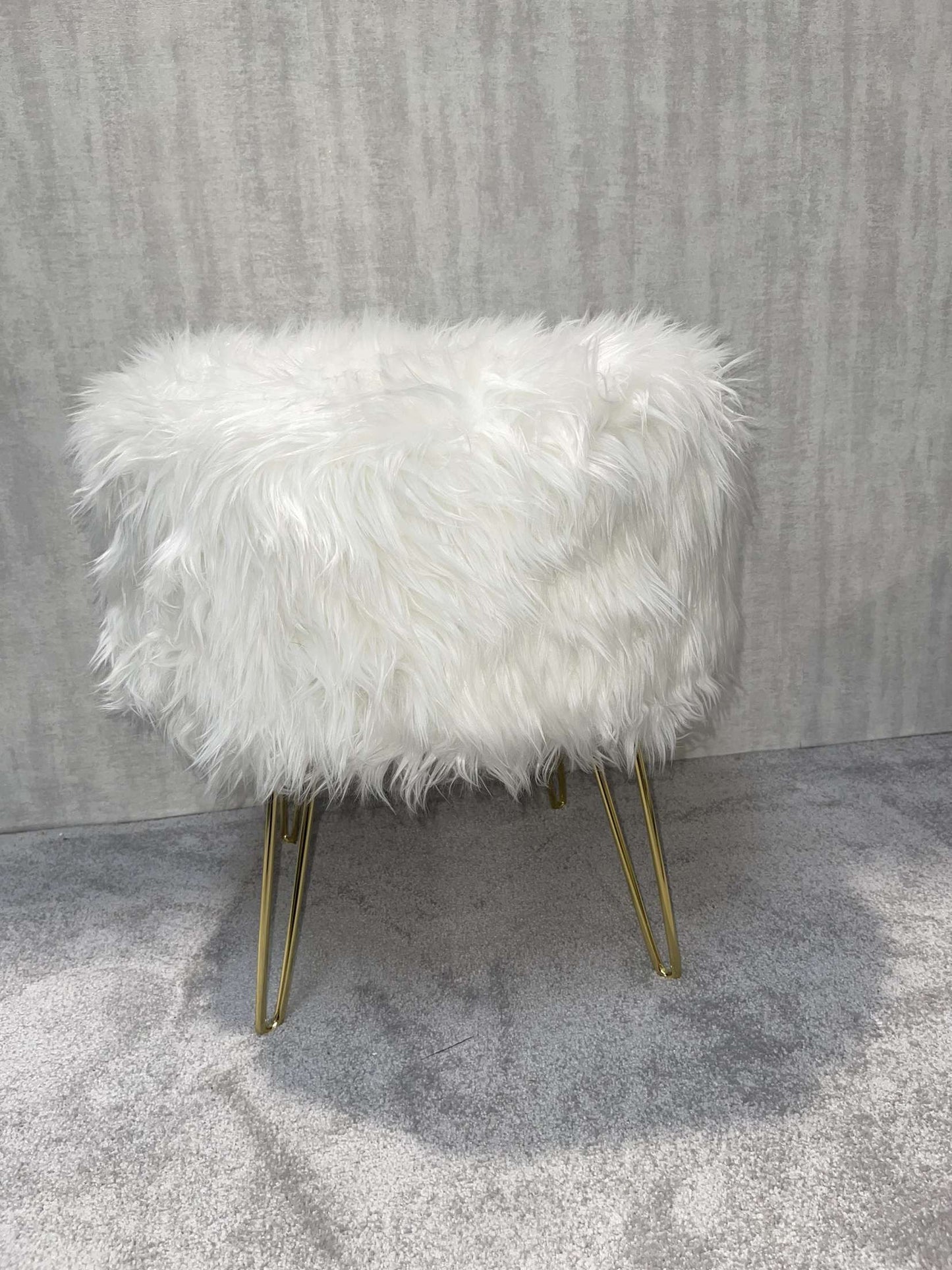 White Faux Fur Stool Ottoman with Gold Legs