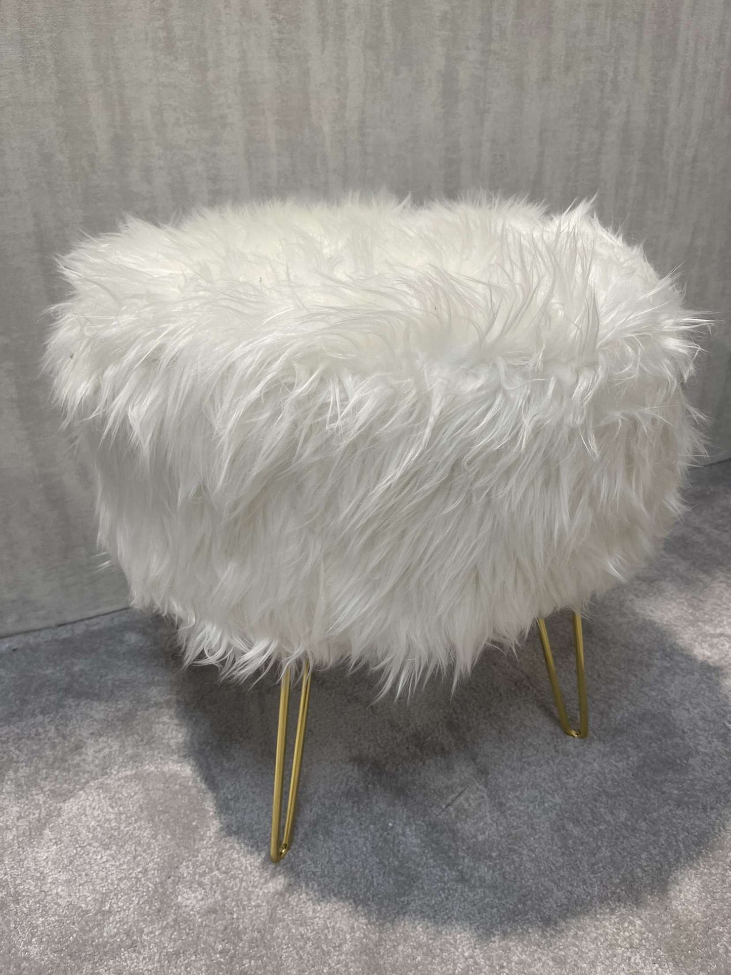 White Faux Fur Stool Ottoman with Gold Legs