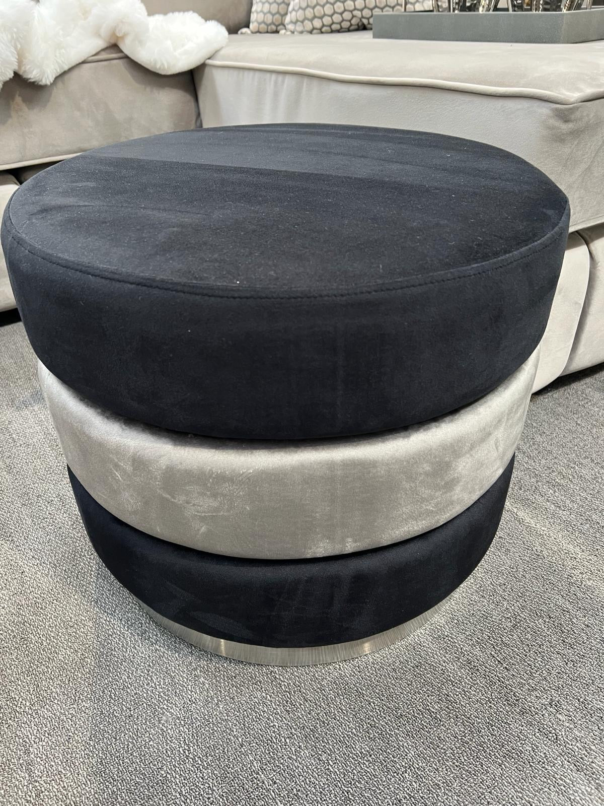 Black & Grey Round Ottoman with Chrome Base
