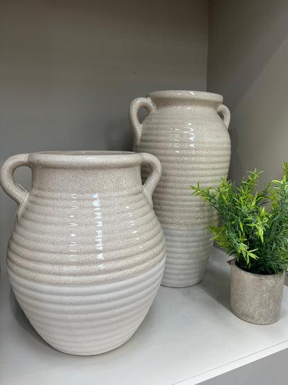 Orla Handmade Beige and White Ribbed Ceramic Vase
