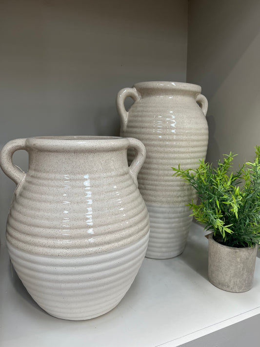 Orla Handmade Beige and White Ribbed Ceramic Vase