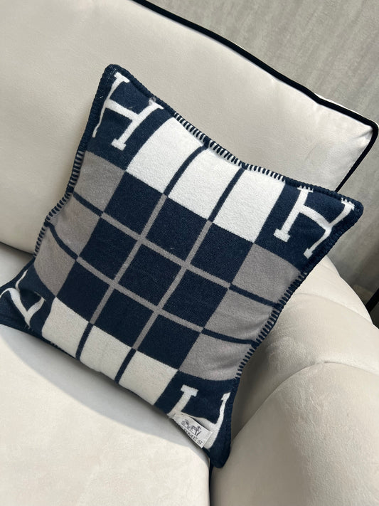 Luxury H Pillow - Navy White & Grey Plaid